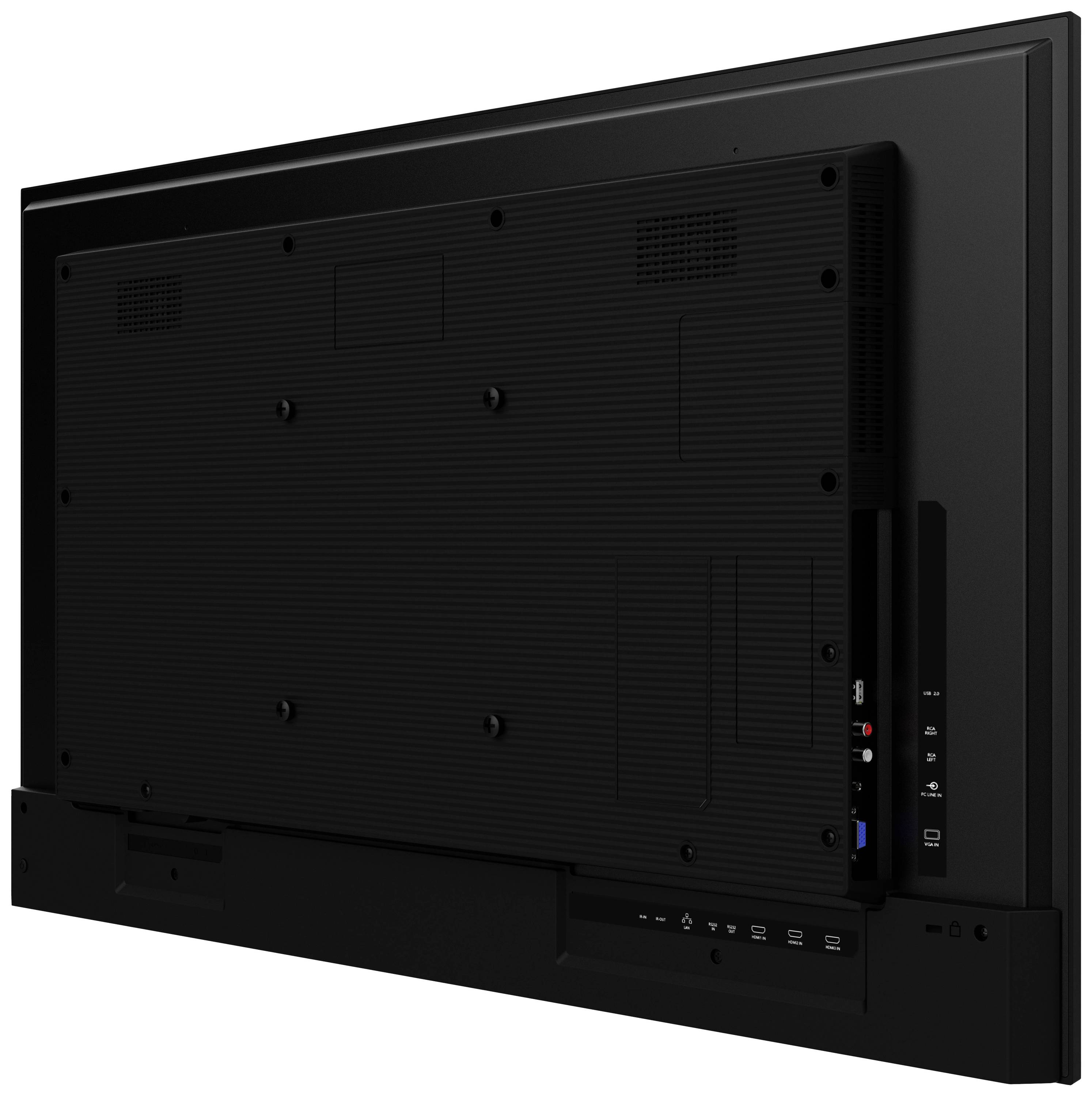 Achterkant van een zwarte televisie met meerdere aansluitingsmogelijkheden aan de zijkant, inclusief HDMI- en USB-poorten.