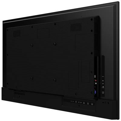 Achterkant van een zwarte televisie met meerdere aansluitingsmogelijkheden aan de zijkant, inclusief HDMI- en USB-poorten.