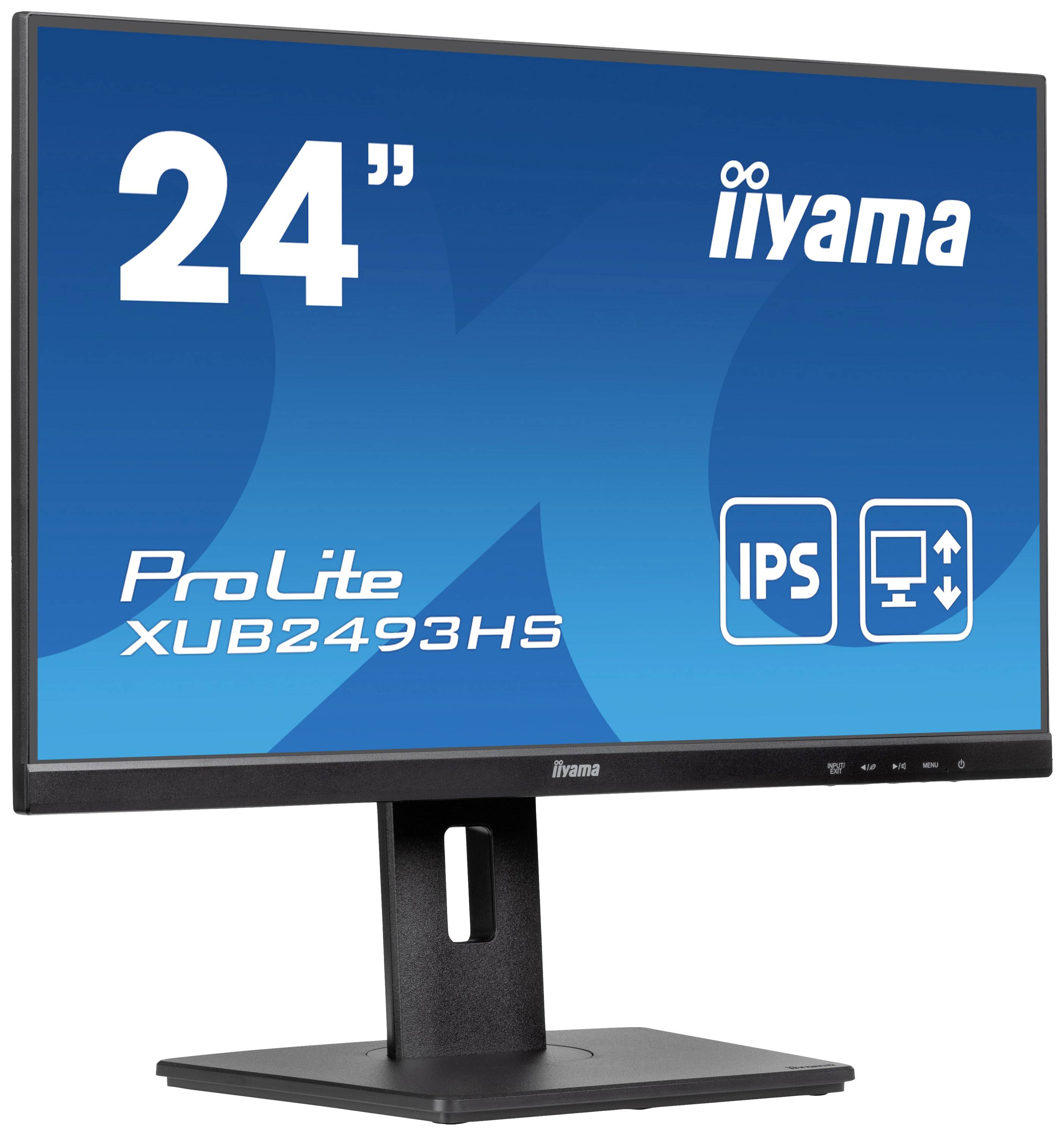 Een 24-inch-monitor van iiyama, model ProLite XUB2493HS, met IPS-technologie, toont symbolen voor scherm- en kijkhoekondersteuning.