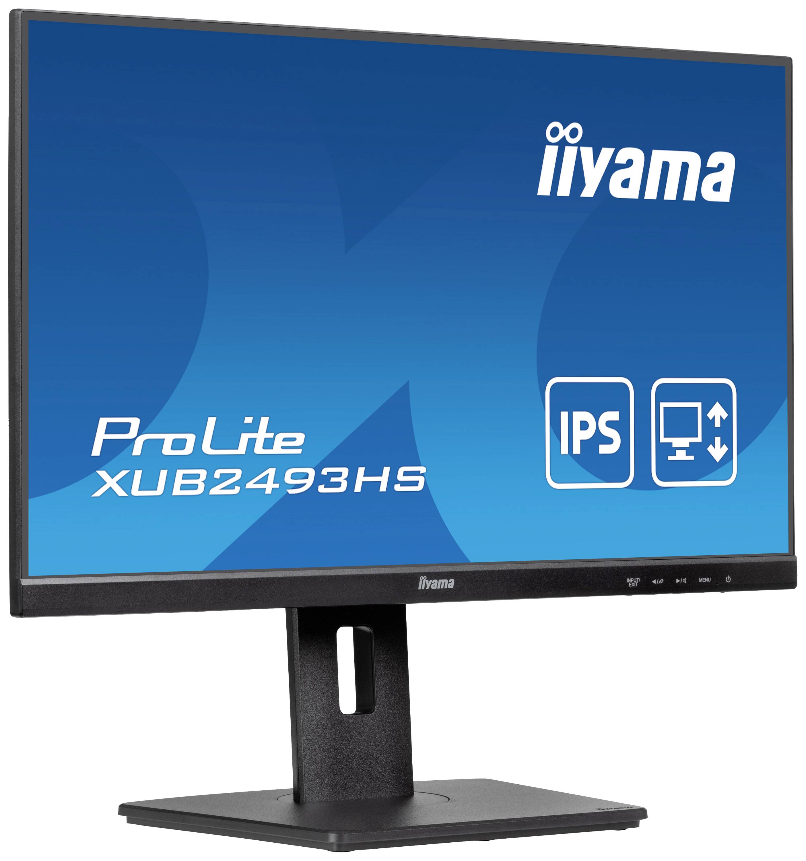Computermonitor van iiyama, model ProLite XUB2493HS, met een blauwe scherm. Belangrijkste kenmerken: IPS-technologie en hoogteverstelbaarheid.