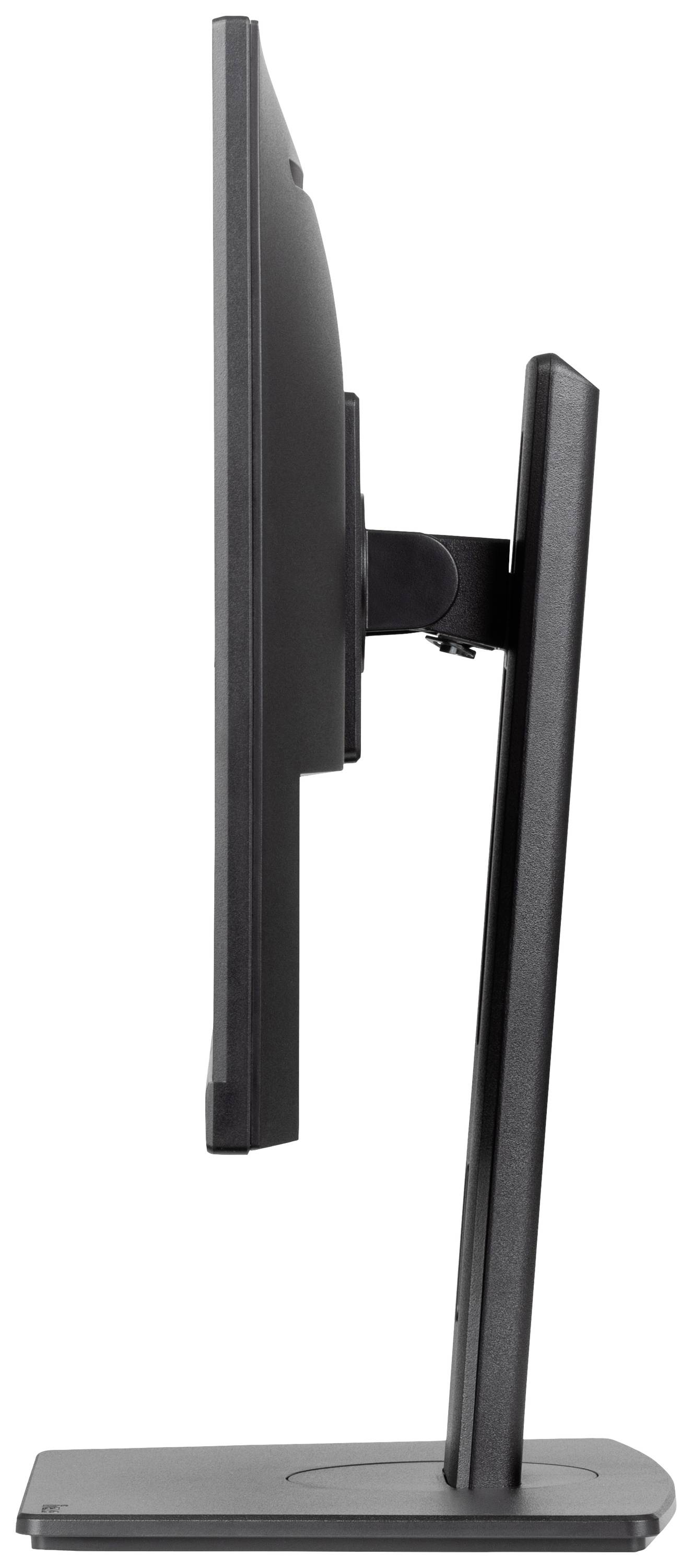 Een zwart computerscherm gezien van opzij met een slanke vormgeving, bevestigd aan een stevige standaard.