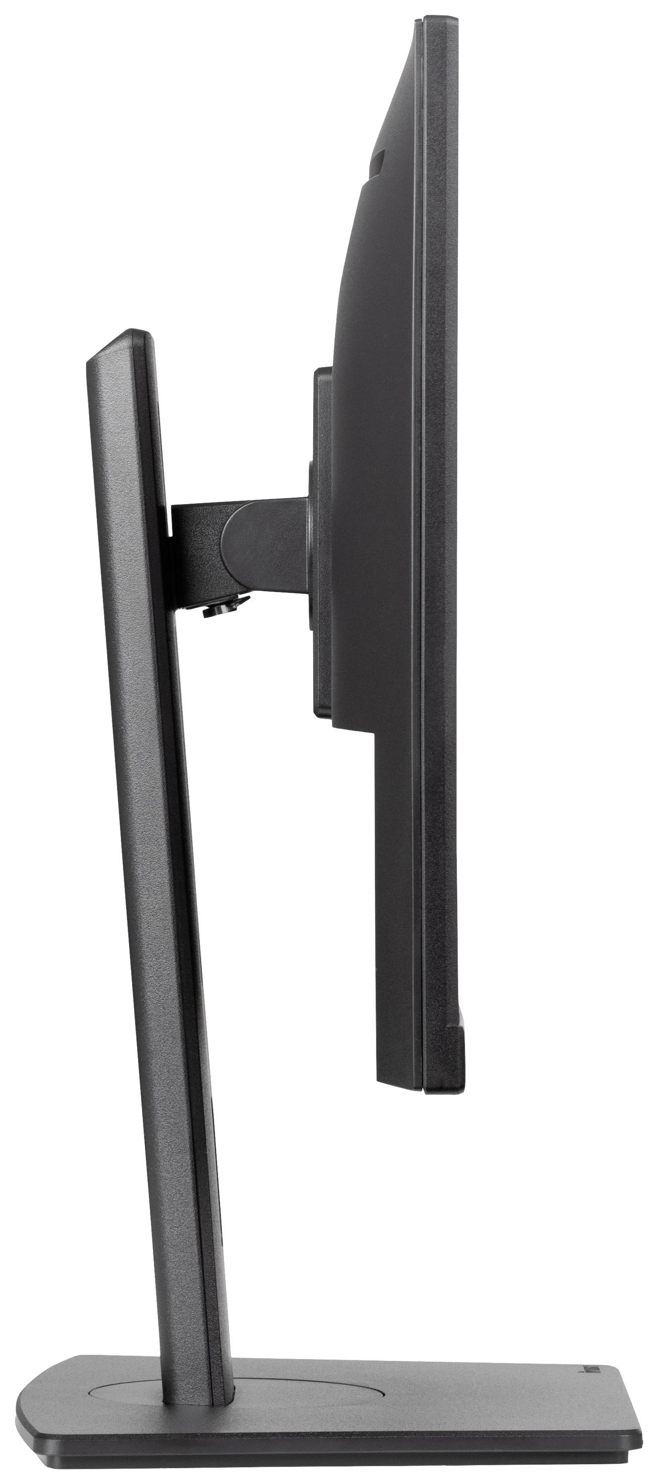 Platte computermonitor in zijaanzicht op een eenvoudige voet, zwart van kleur, slank design.