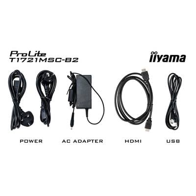 'ProLite T1721MSC-B2' Accessoires: Stroomkabel, netadapter, HDMI- en USB-kabel. Iiyama-logo rechtsboven.