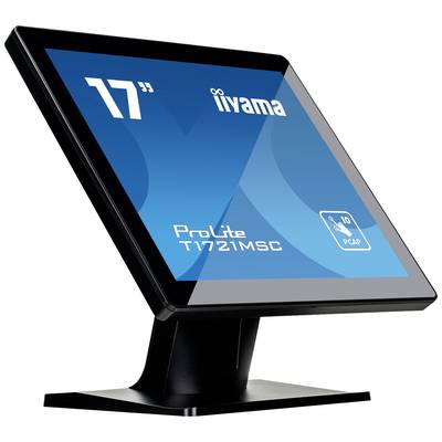 Een zwarte 17-inch touchscreen-monitor met het opschrift 'iiyama' en 'ProLite T1721MSC' op het scherm tegen een blauwe achtergrond.