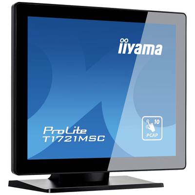Monitor iiyama ProLite T1721MSC, toont logo en modelnaam, capacitief 10-punts touchdisplay, zwarte rand, blauwe achtergrond.