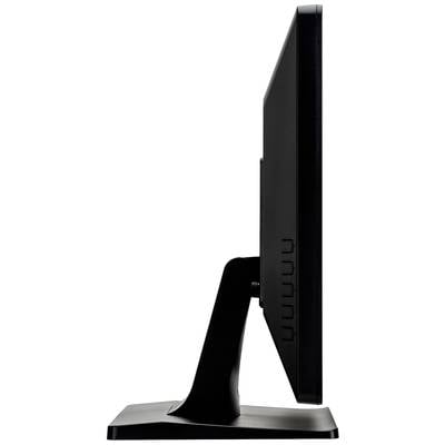 Zijaanzicht van een zwarte computermonitor op een standaard. Het scherm is slank en modern vormgegeven.