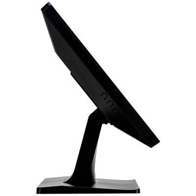 Zijaanzicht van een zwarte computerscherm op een standaard, licht achterover gekanteld.