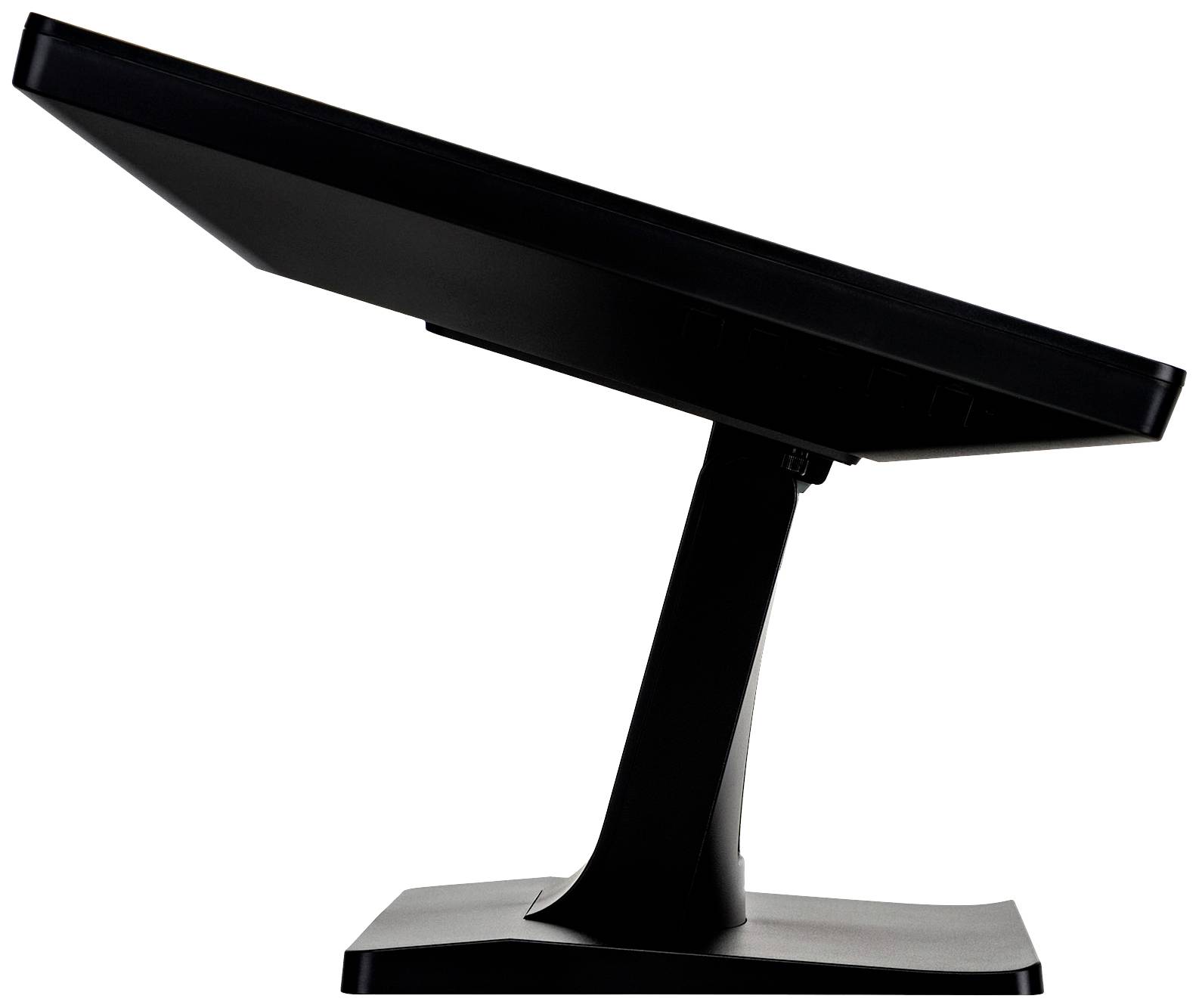 Zijaanzicht van een zwarte monitor met kantelbare standaard, licht naar beneden hellend, geschikt voor bureaus.