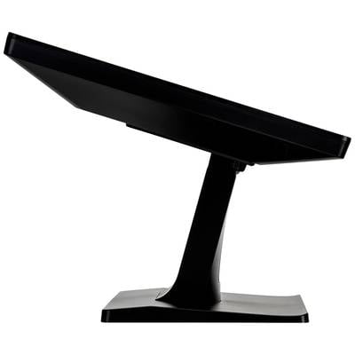 Zijaanzicht van een zwarte monitor met kantelbare standaard, licht naar beneden hellend, geschikt voor bureaus.