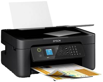 Een zwarte printer met een bedieningspaneel en een uitvoerlade, waaruit een bedrukt vel papier wordt uitgeworpen.