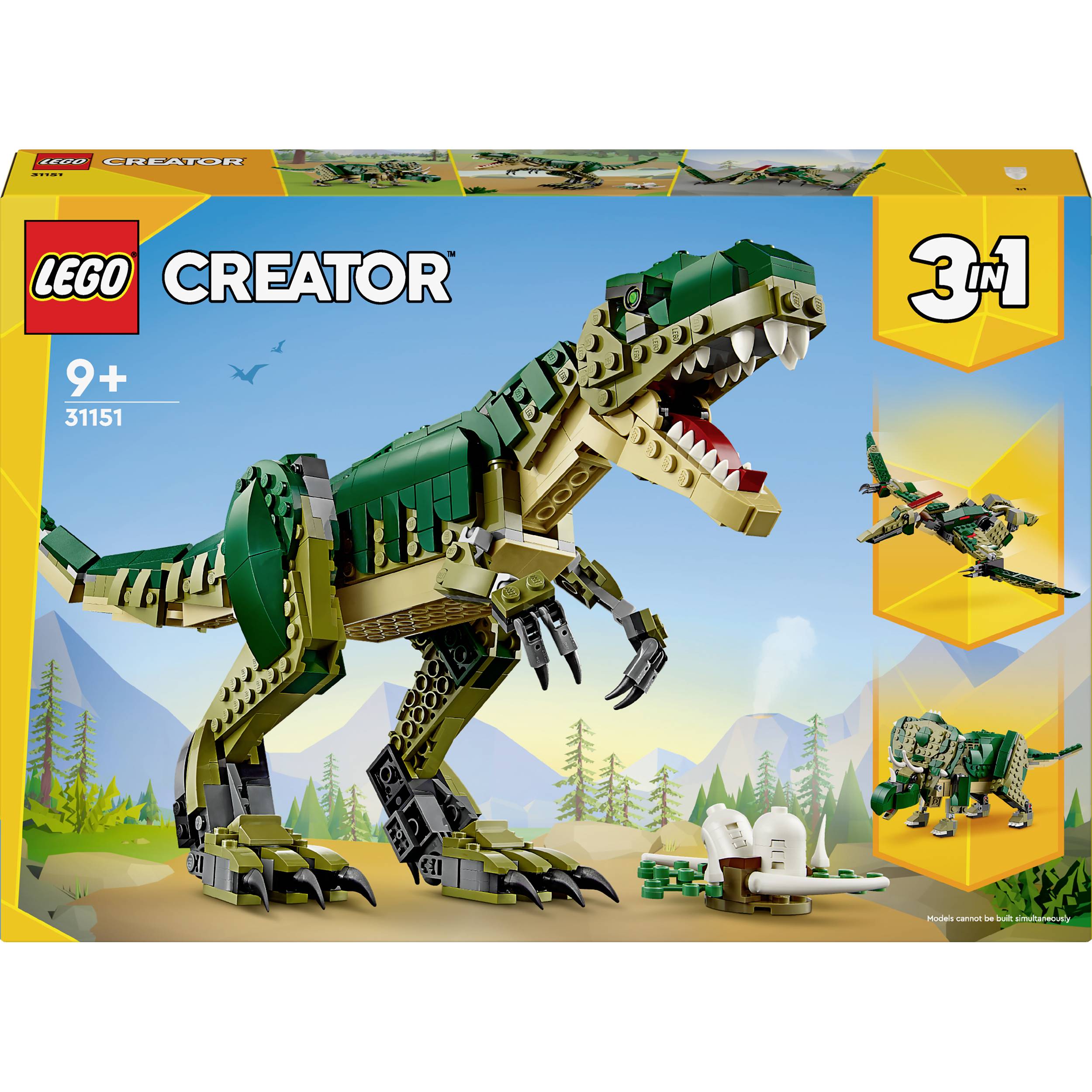 Lego Creator Set 31151: Dinosaurus-Modellen. Toont drie bouwopties: T-Rex, Triceratops en Pterodactylus. Geschikt voor kinderen vanaf 9 jaar.