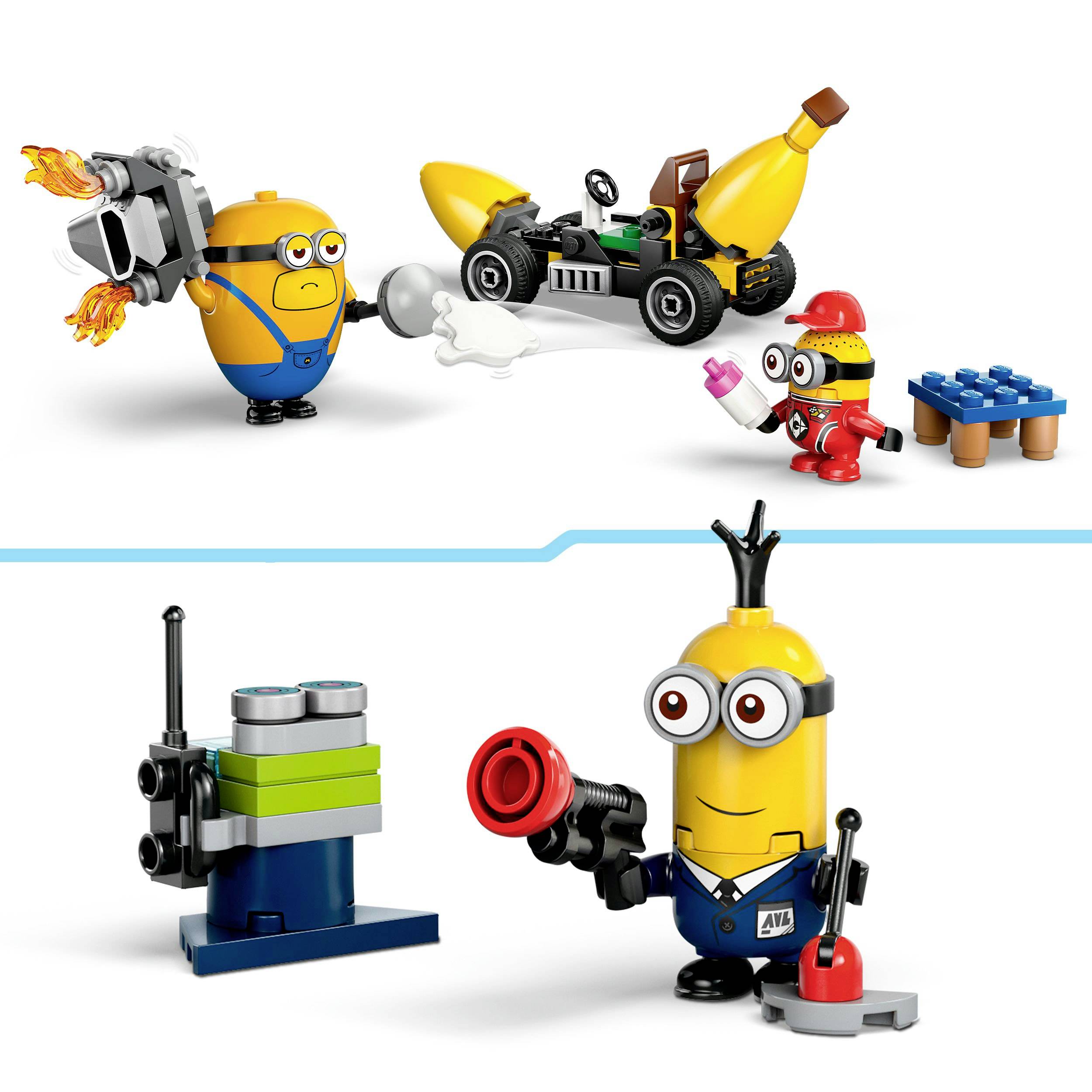 Minions speelgoed in verschillende scènes, waaronder een auto met banaan, een robot met blaster en een monteur met gereedschap.
