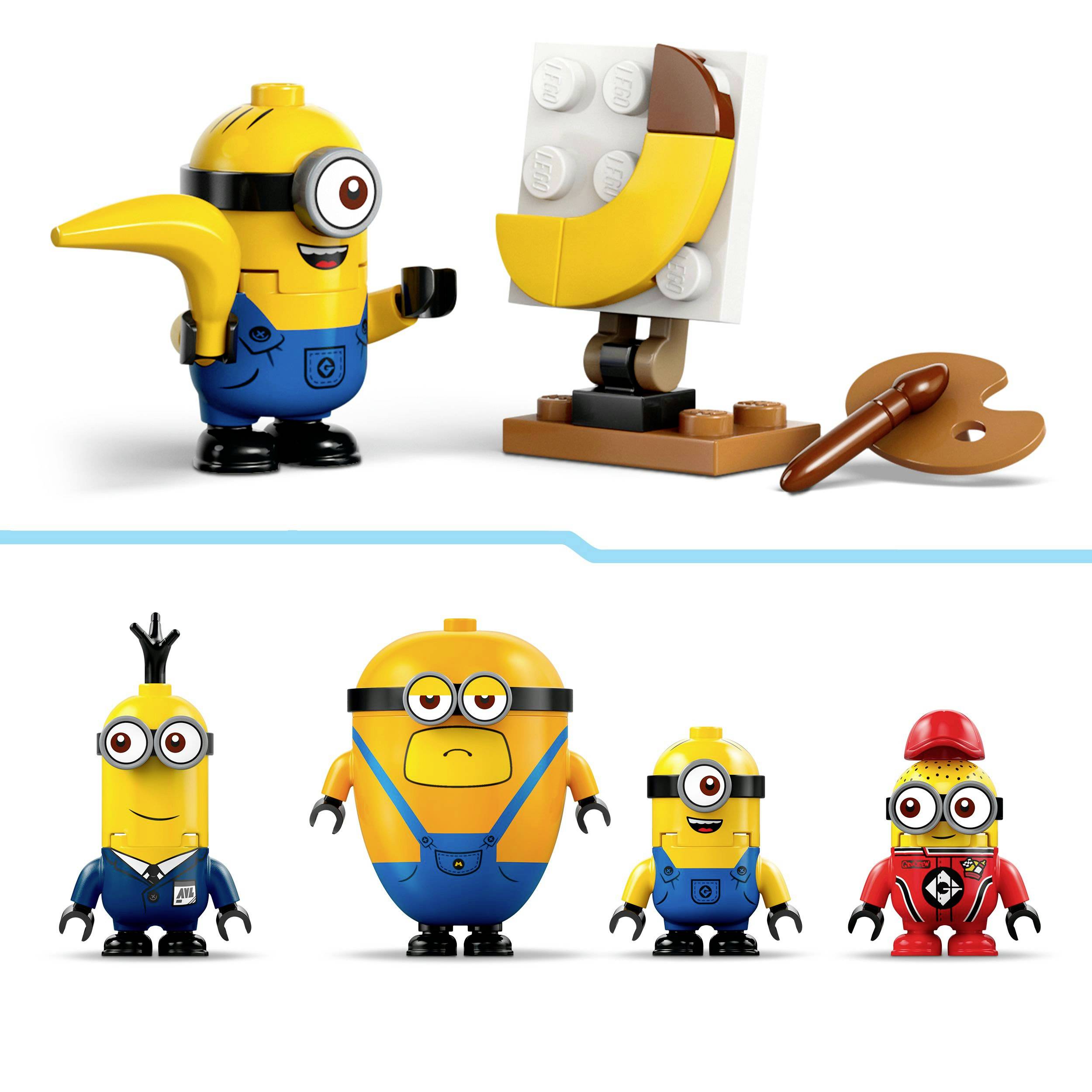 Een Lego-poppetje met een gele romp en een blauwe overall schildert op een schildersezel. Daaronder vier andere poppetjes in verschillende houdingen.