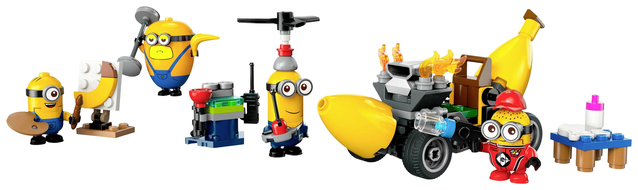 Verschillende kleurrijke LEGO-figuurtjes en -modellen, waaronder gele stripfiguren met accessoires zoals een vliegtuig, bananen en een auto.