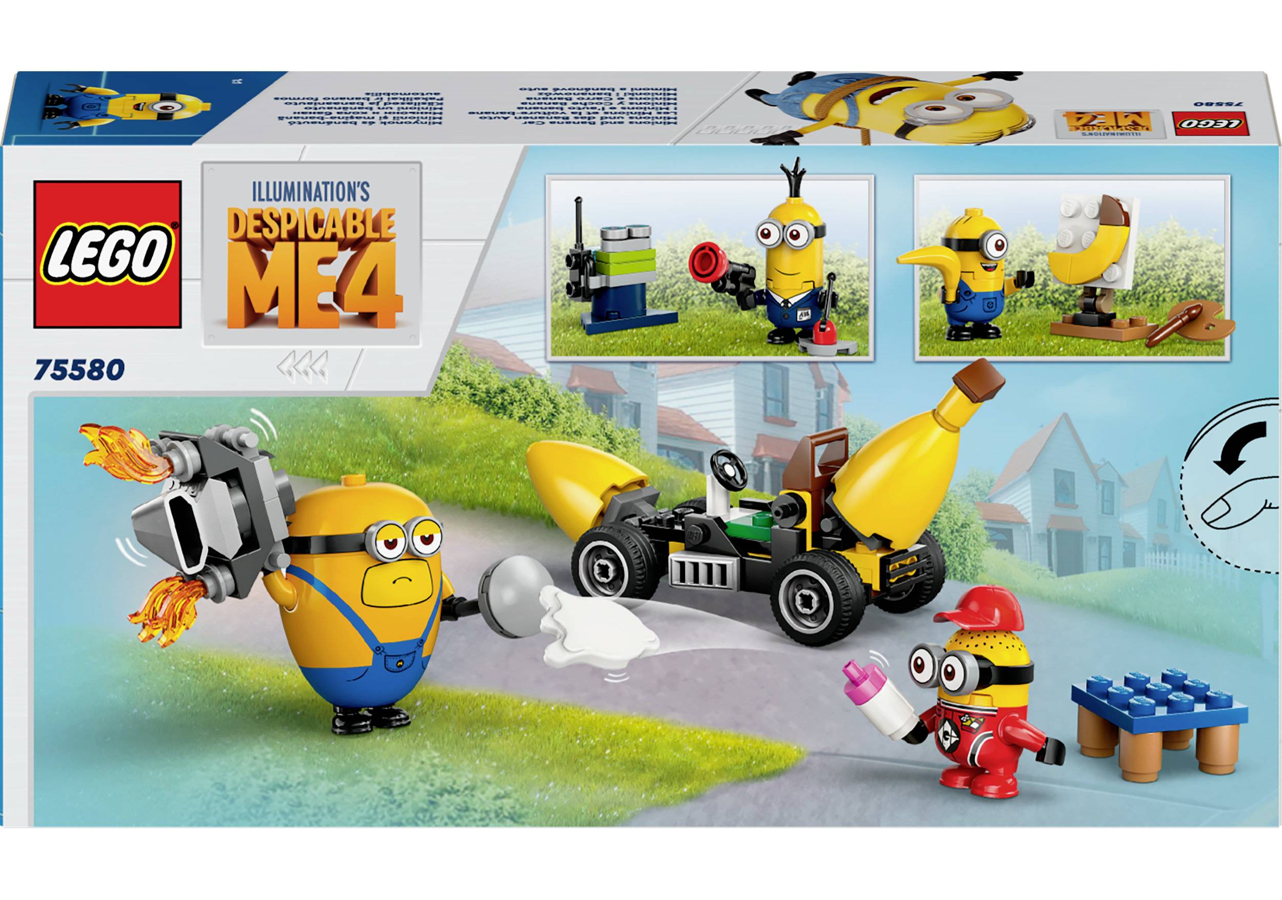 Lego-set met Minions en toebehoren: Een Minion met vlammenwerper, een racewagen gemaakt van bananendelen en andere uitrusting. Verpakking bevat drie aanvullende scènes met figuren.