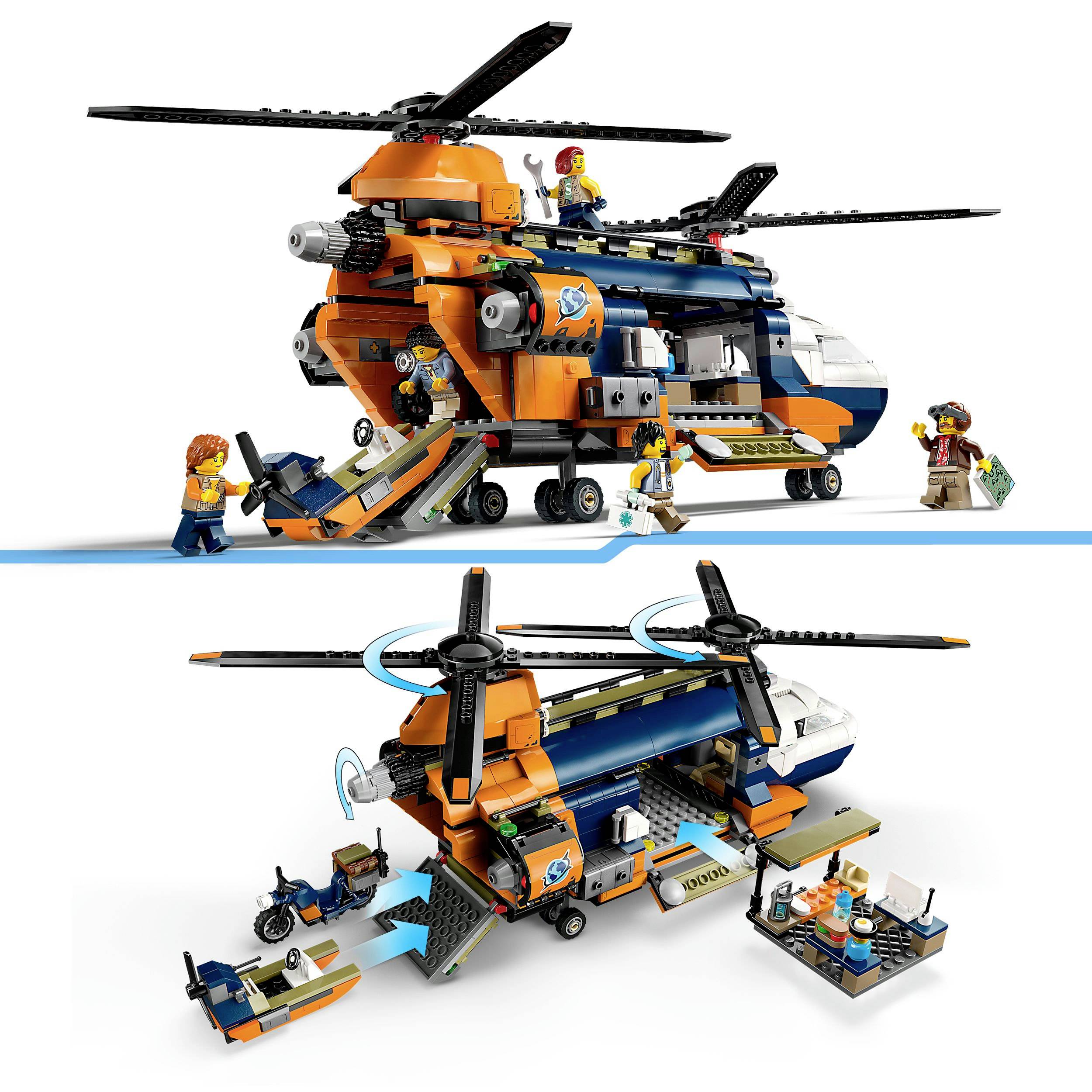 Speelgoed-helikopterset met twee propellers, oranje-blauwe design. Figuren laden het met een pallet. Onderaan: aanzicht met open achterklepklep.