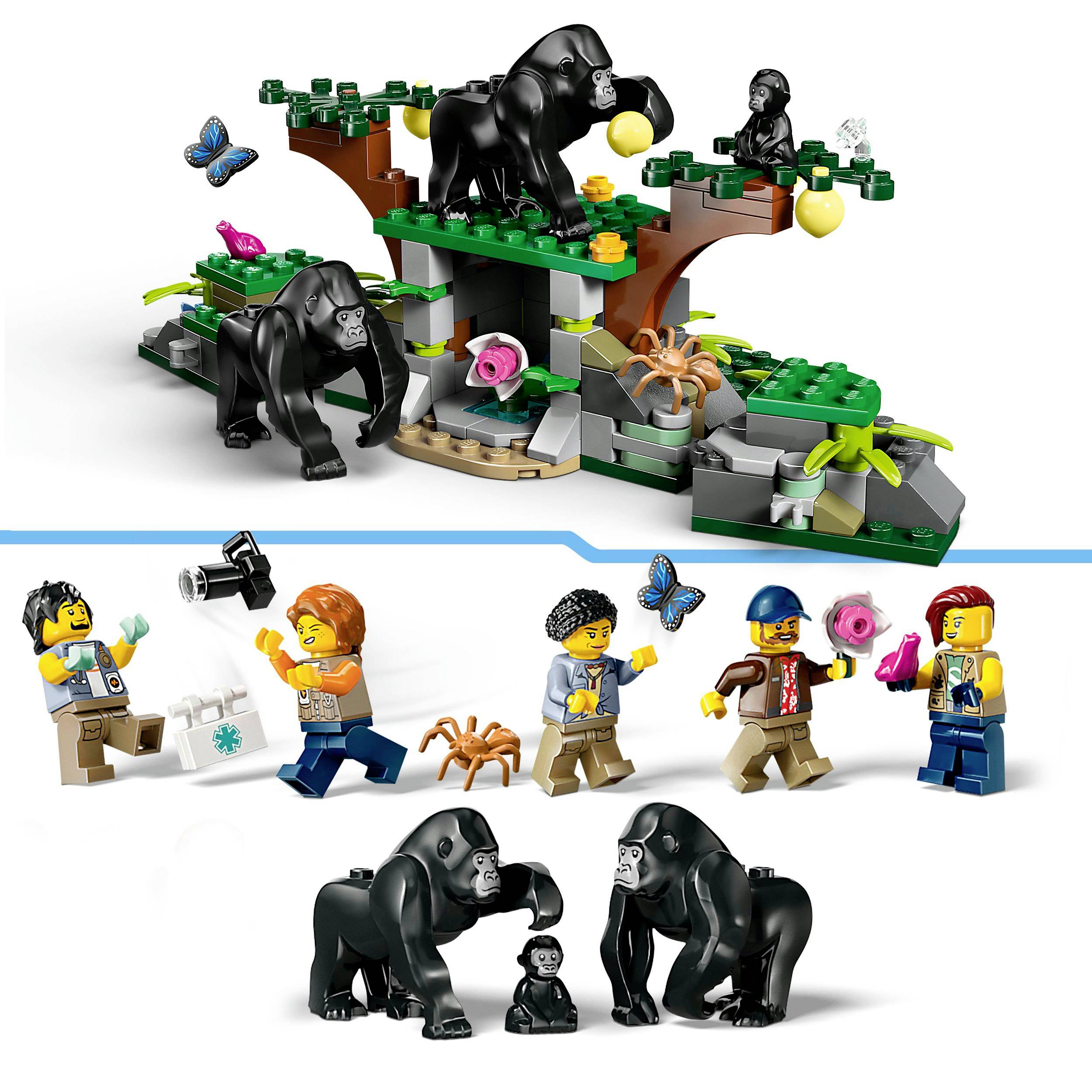 Lego-set met gorilla's en planten in een jungle-scène. Onderaan bevinden zich minifiguren met camera, spin en bloem. Hoofdthema: Avontuur.