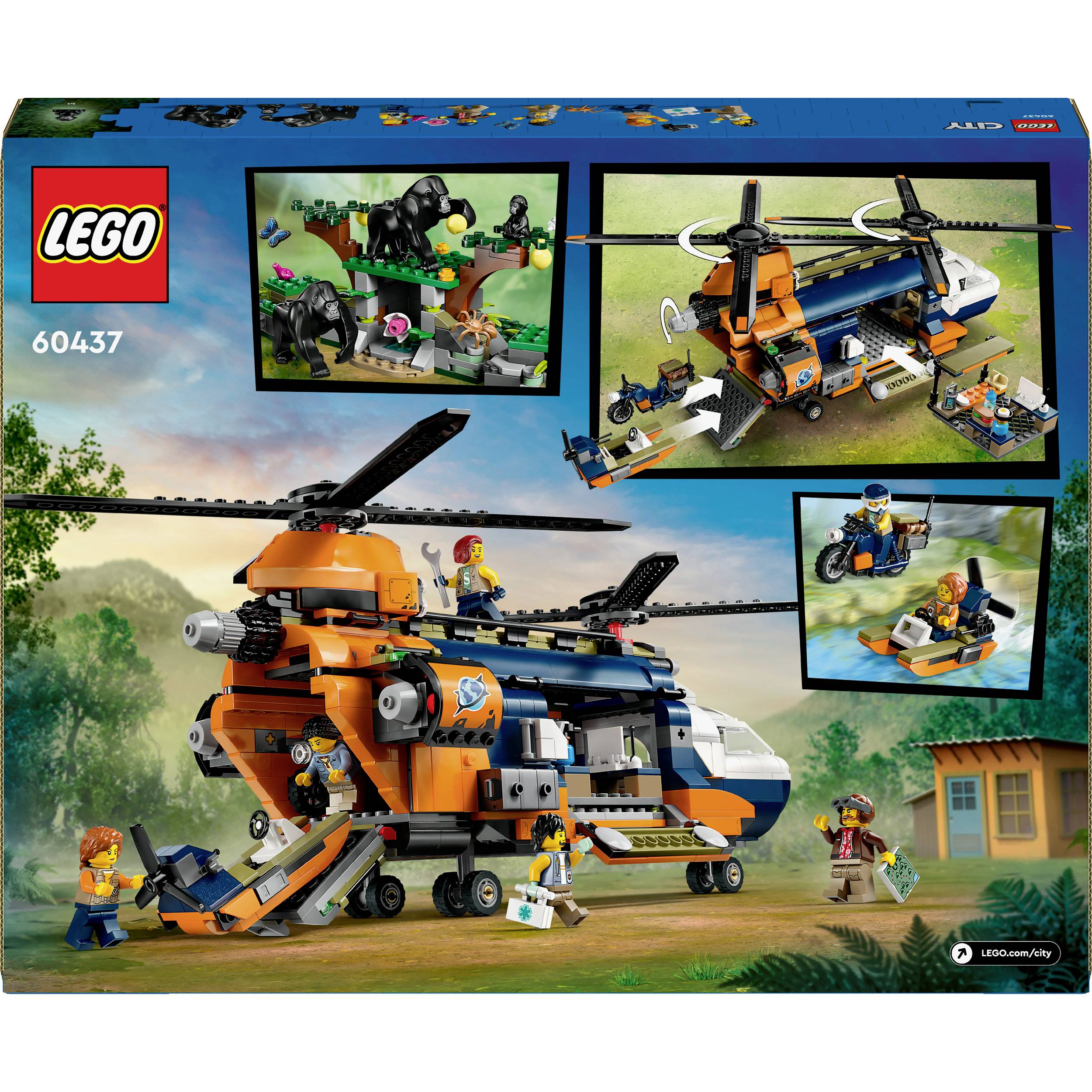 LEGO-Set 60437: Reddingshelikopter. Bevat bouwstenen voor een grote oranje-blauwe helikopter, poppetjes en dieren in jungle-thema.