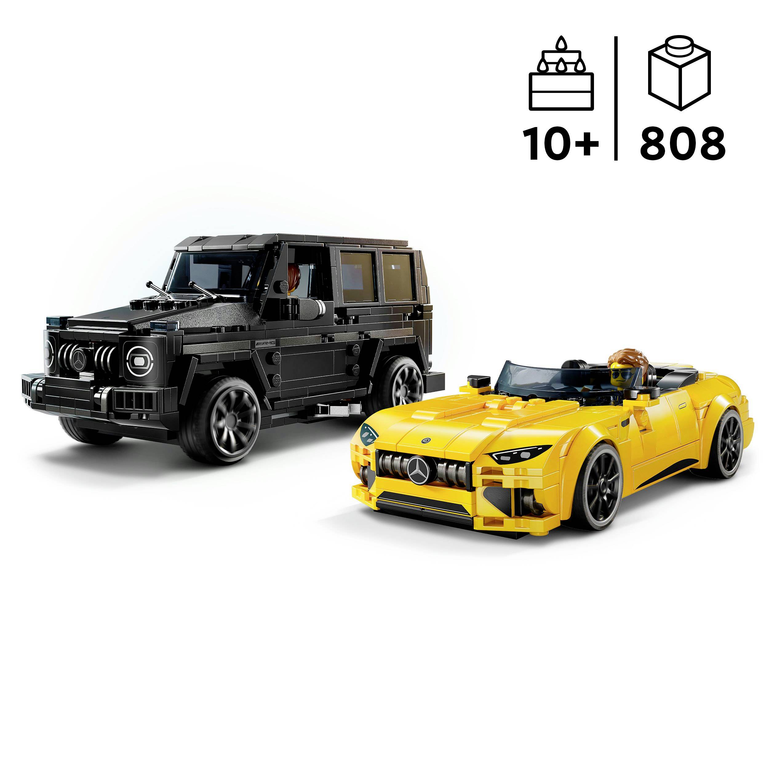Twee gedetailleerde modelauto's als LEGO-sets: een zwarte SUV en een gele sportwagen. Geschikt voor kinderen vanaf 10 jaar. 808 onderdelen.