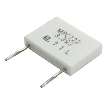 Een rechthoekige, witte elektrische weerstand met twee metalen aansluitingen. Op het lichaam staan cijfers en letters.