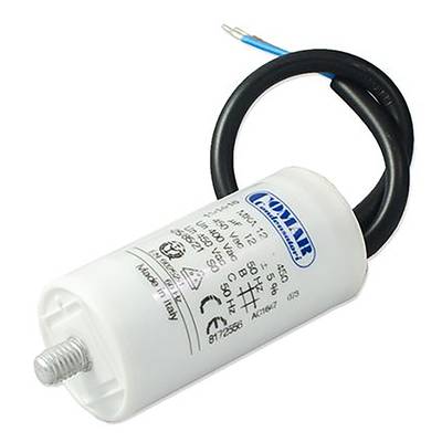 Cilindrische condensator met een wit behuizing, opgedrukte tekst, twee aangesloten kabels (blauw en zwart); toepassing in elektronica.