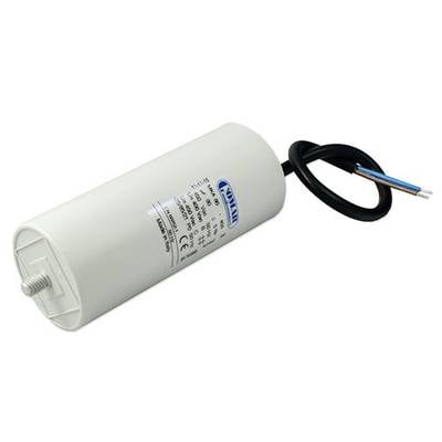 Een witte cilindrische condensator met twee ontblote draadeinden, geschikt voor elektrische installaties.