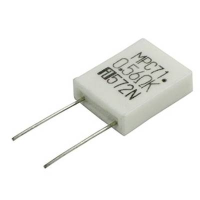 Een vierkante weerstand met de opdruk 'MPC71 0.56Ω 5% J 572N'. Twee metalen aansluitingen steken uit.