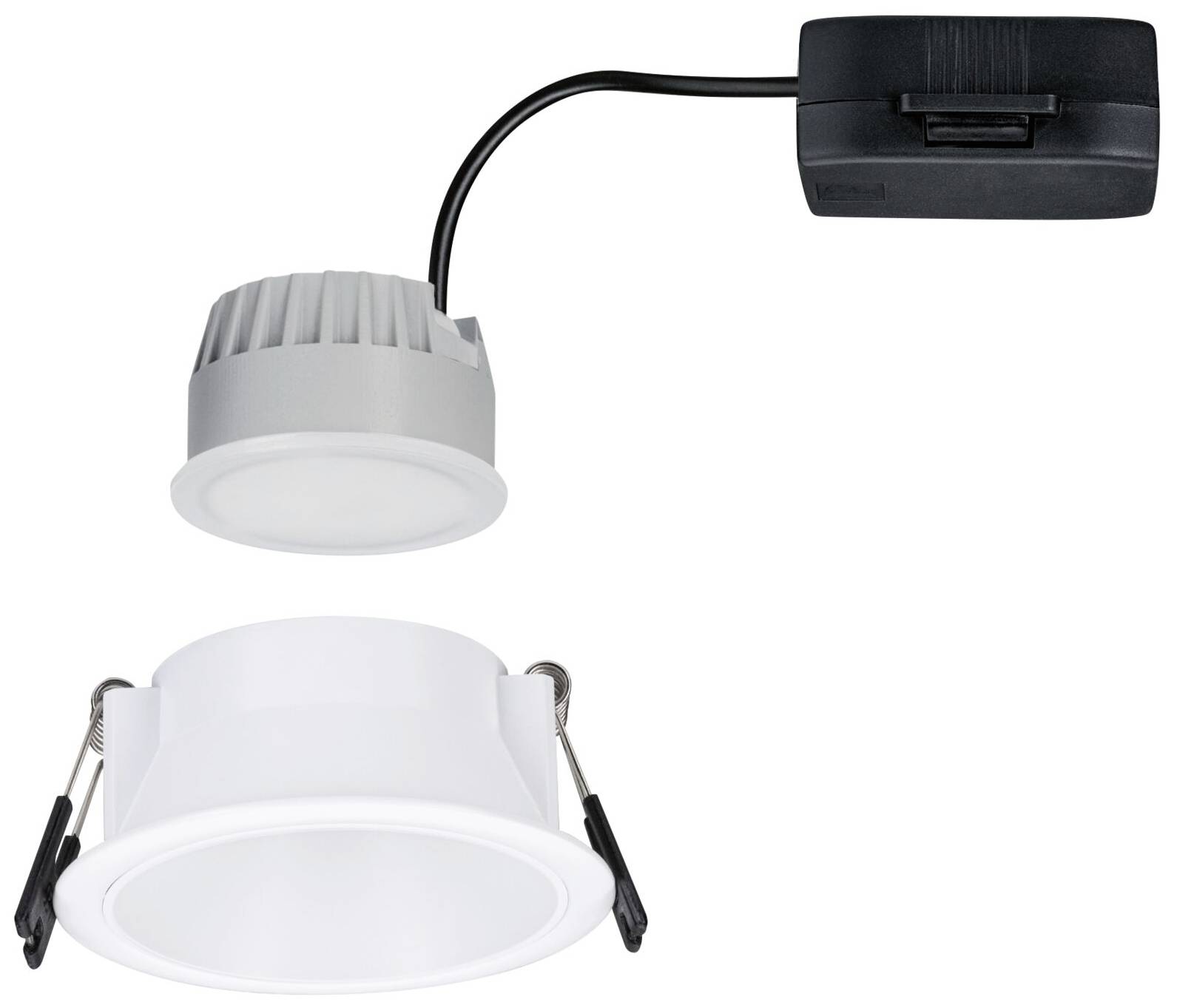 Ronde LED-plafondlamp met grijze behuizing en externe zwarte aansluiting, geschikt voor inbouwtoepassingen in binnenruimtes.