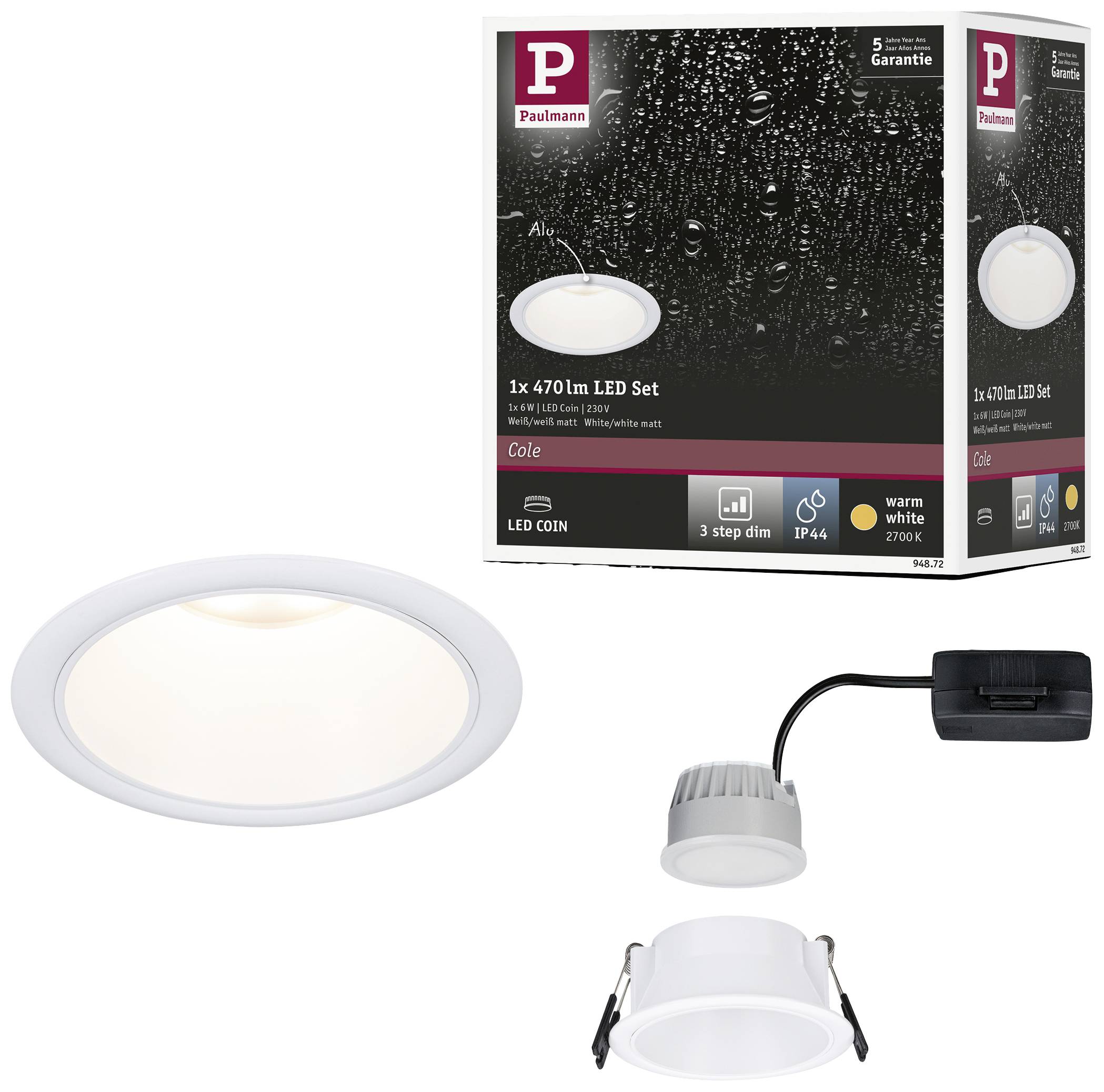 Een ronde witte LED-inbouwspot naast de verpakking met opdruk '1x 470Lm LED Set'. Doos toont regenval over een zwarte achtergrond.