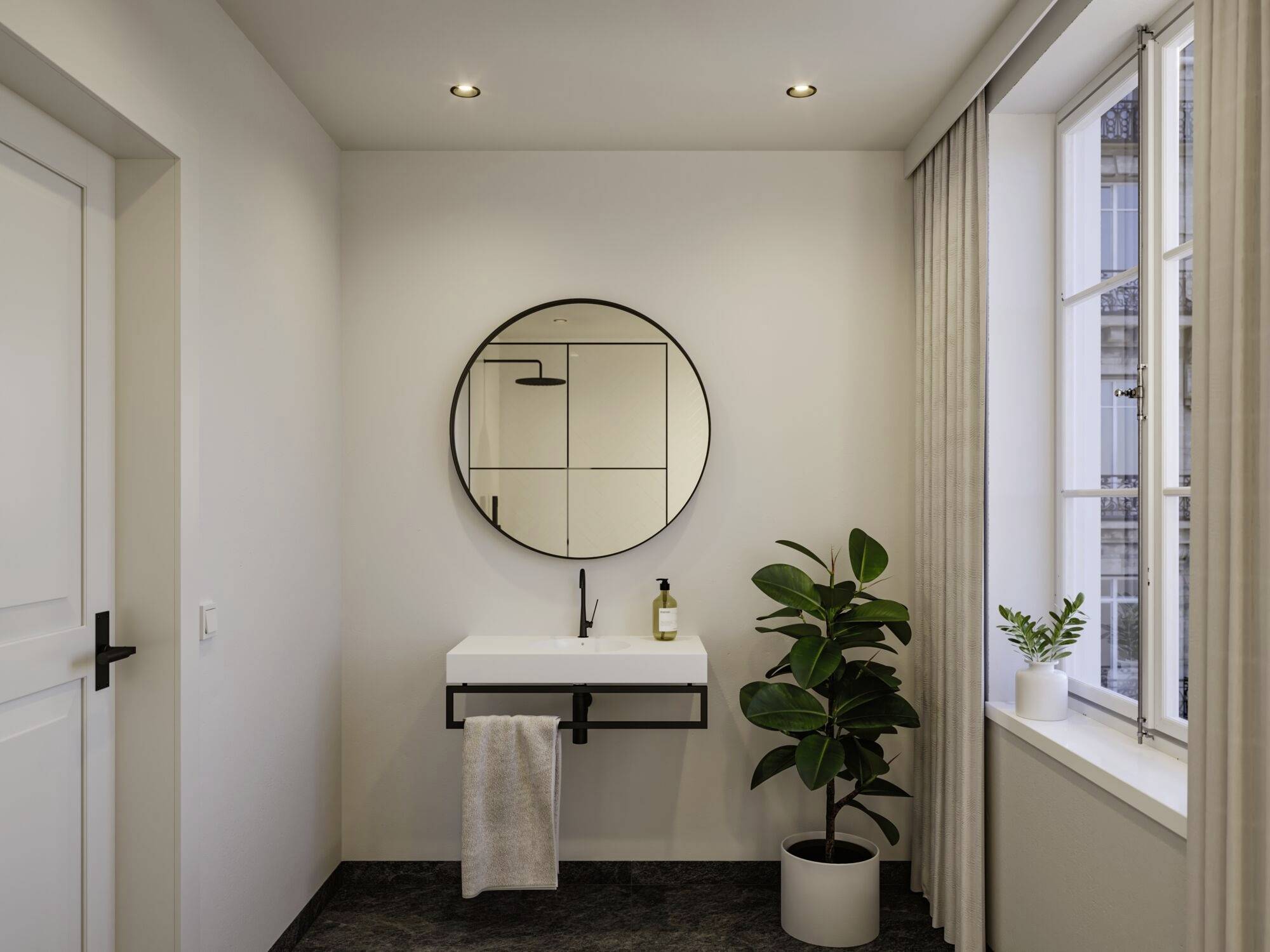 Een modern badkamerinterieur met een ronde spiegel boven een slank wastafel, naast een groene plant en een raam met gordijnen.
