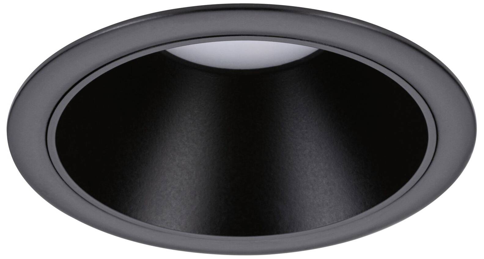 Inbouw-downlight met zwarte rand en een glanzende, conische reflector, ontworpen voor gerichte verlichting in plafonds.