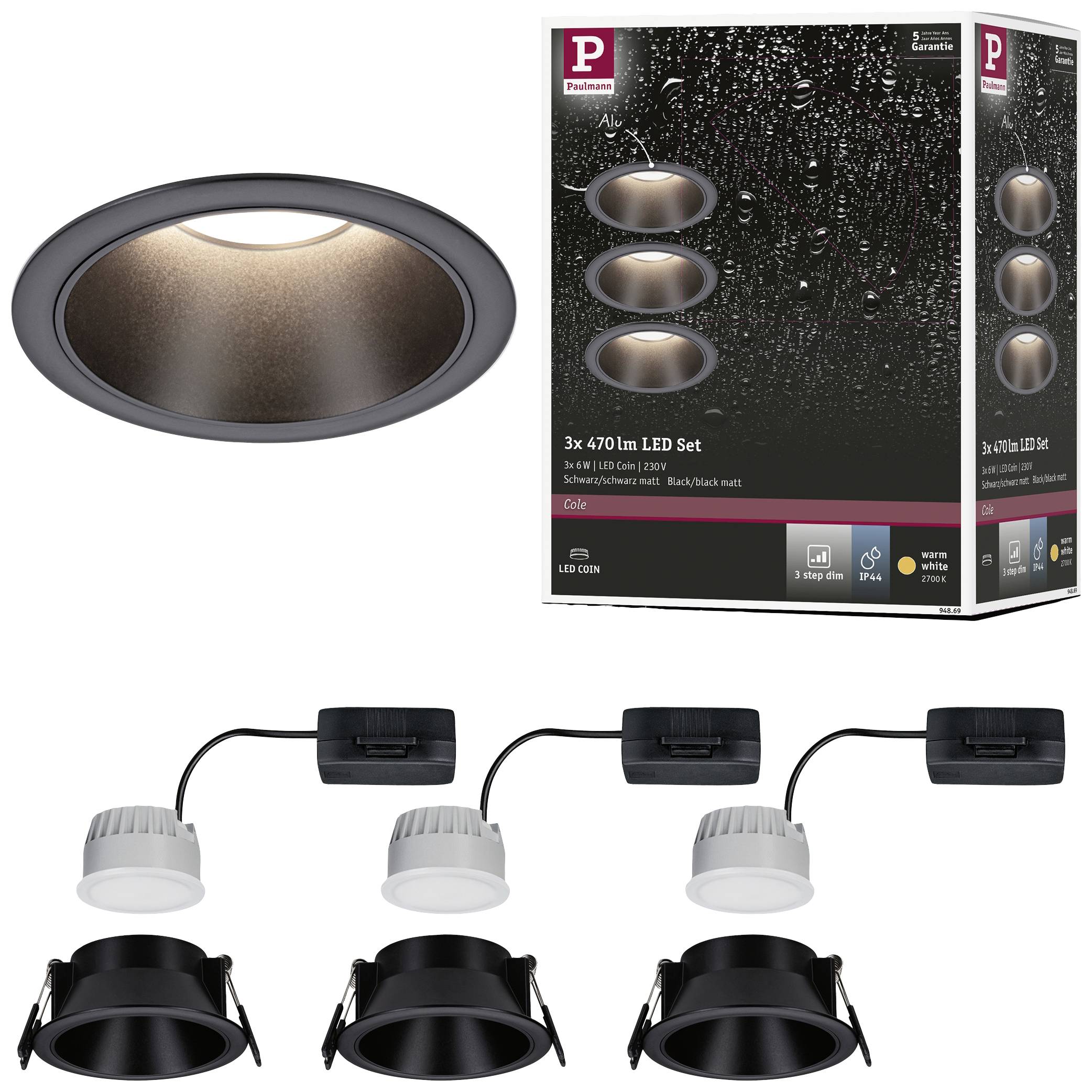 Drie ronde LED-inbouwspots in het zwart, verpakt als set. Ideaal voor tuin of natte ruimtes. Verpakking toont waterbestendigheid.