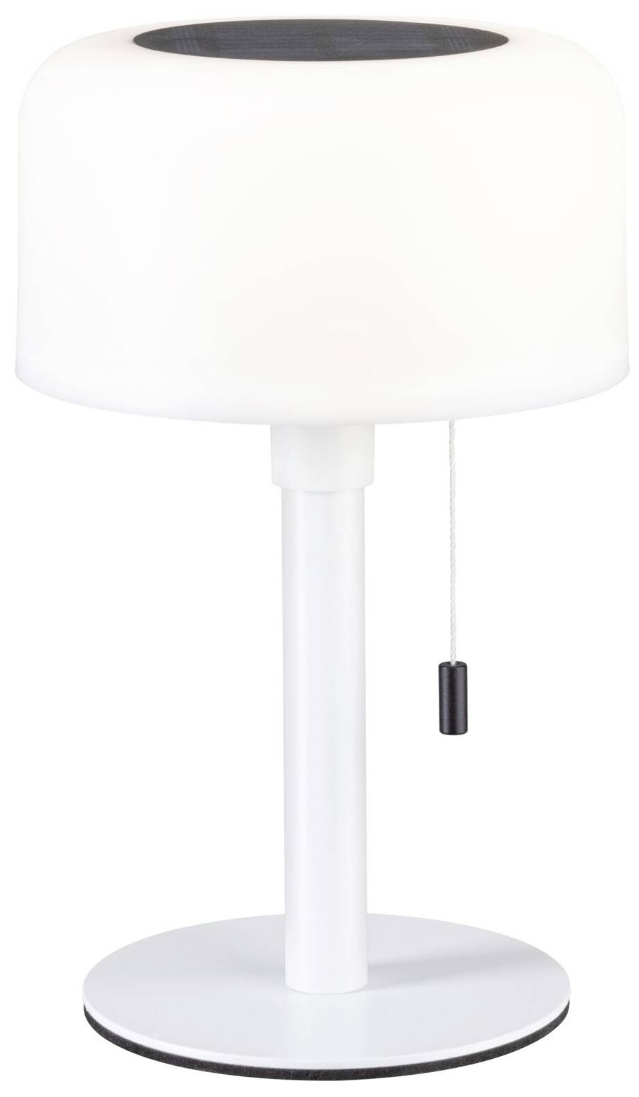 Een witte tafellamp met een ronde kap, trekschakelaar en een rechte paal op een rond voetstuk. Ideaal voor een modern interieur.