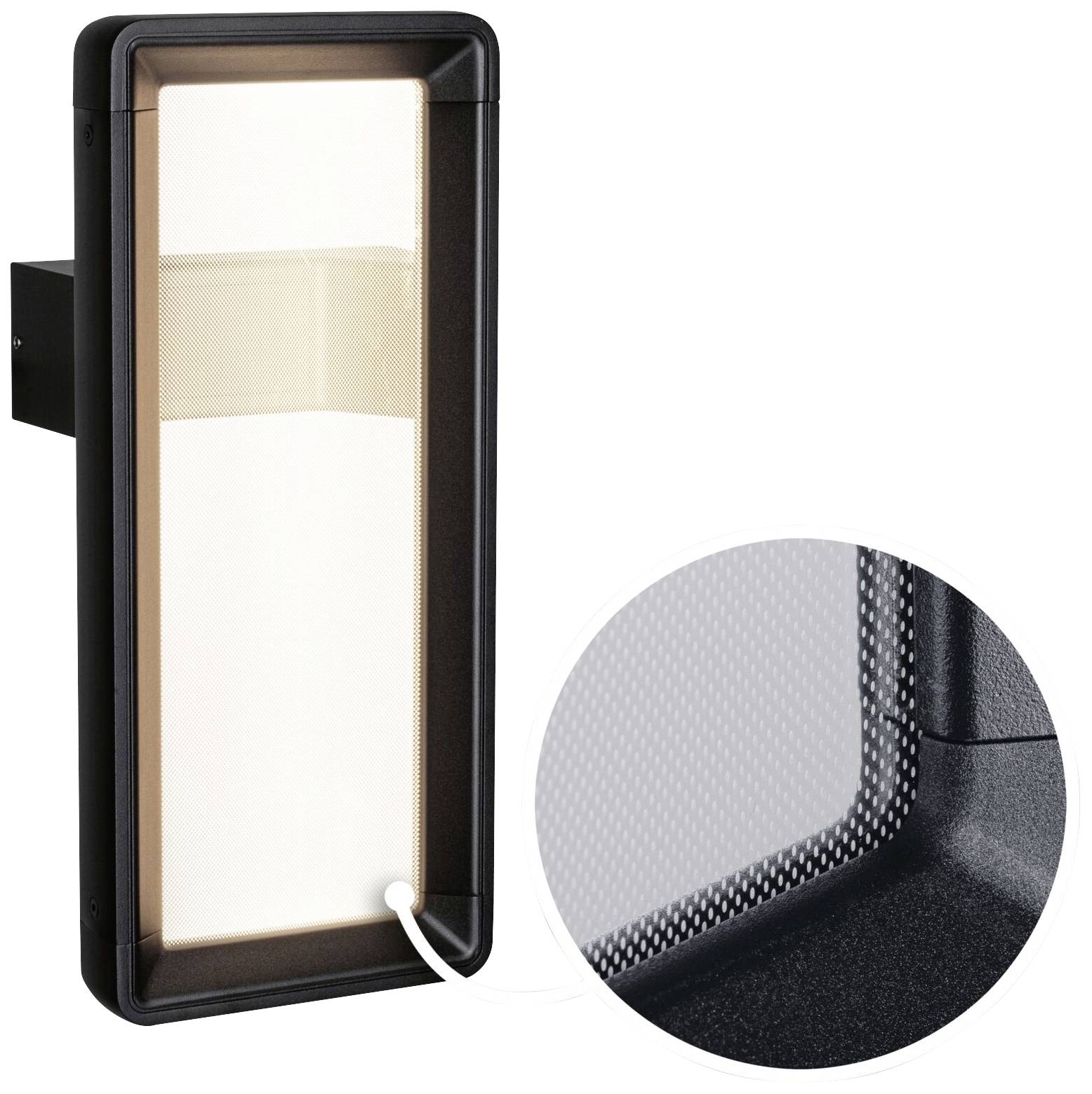 Een rechthoekige zwarte buitenverlichting met mat glas, wandgemonteerd. Een vergrote blik onthult de textuur van de glasplaat.
