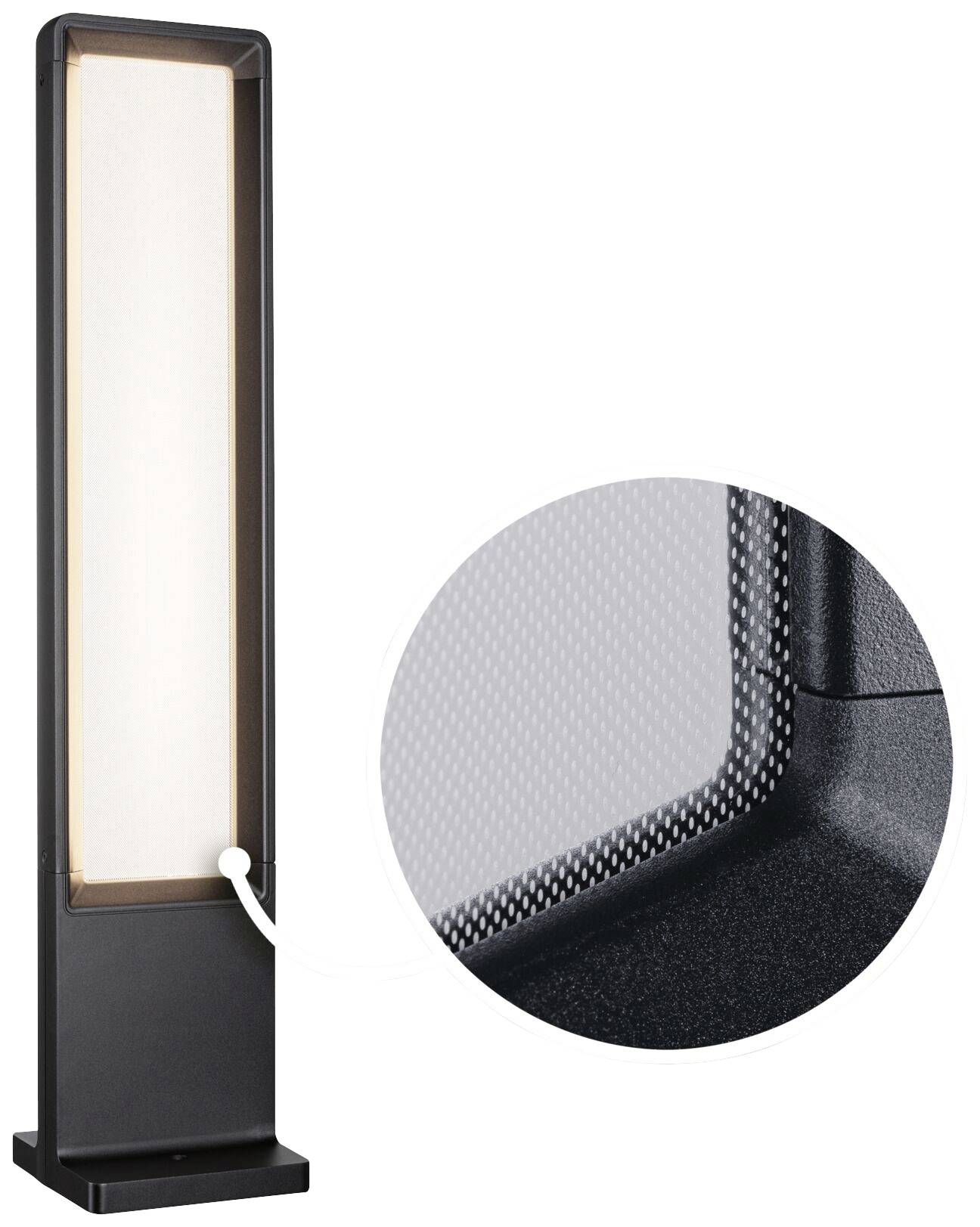 Staande LED-lichtbalk met rechthoekig, zwart frame. Vergrote detailweergave toont de fijne textuur van het lichtoppervlak.