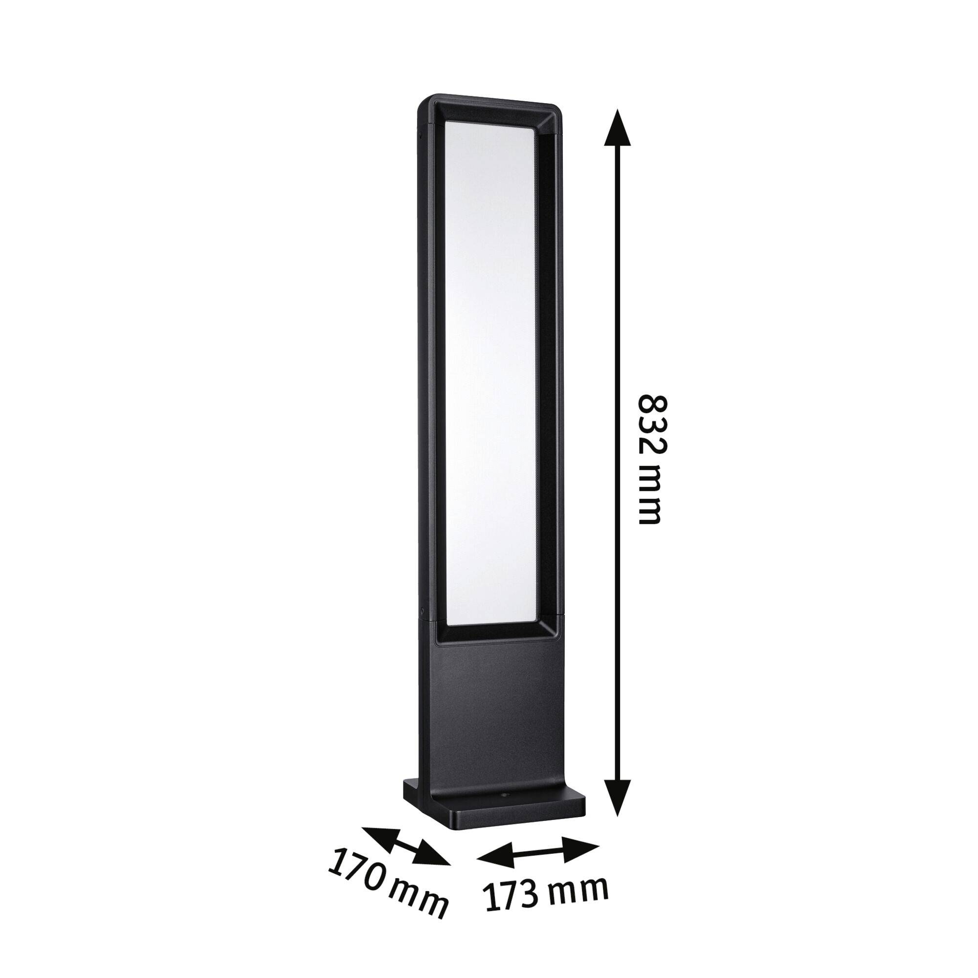 Een zwarte, rechthoekige staande lamp, 832 mm hoog, afmetingen van de voet: 170 mm x 173 mm.