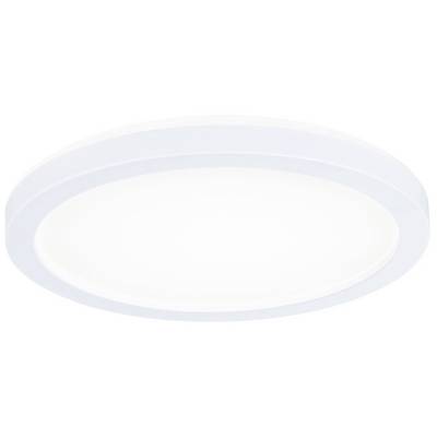 Ronde, witte led-plafondlamp tegen een lichte achtergrond, toont modern design.