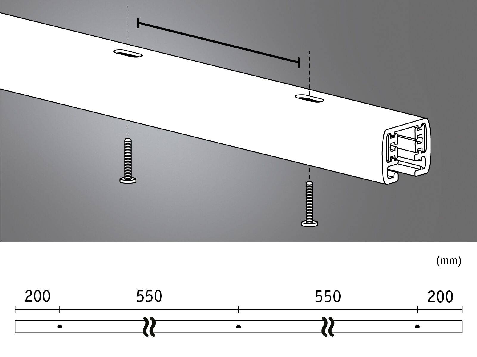 Een rechthoekig profiel met drie bevestigingsgaten, beschreven met lengtes: 200 mm, 550 mm, 550 mm en 200 mm. Schroeven worden gebruikt voor de bevestiging.