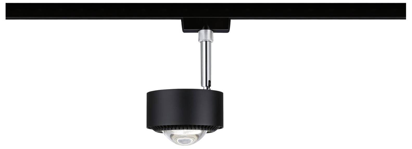 Een zwarte plafondlamp met een cilindervorming behuizing en zichtbare gloeilamp hangt aan een zwarte rail.