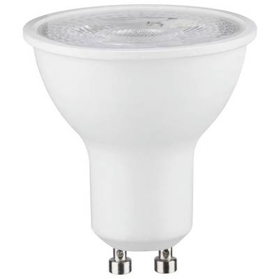 Een witte LED-lamp met GU10-fitting, geschikt voor energiezuinige verlichting, tegen een witte achtergrond.