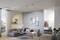 Een modern woonkamer met hoekbank, salontafel en decoratieve muur met fotolijsten. Daglicht valt door het raam naar binnen.