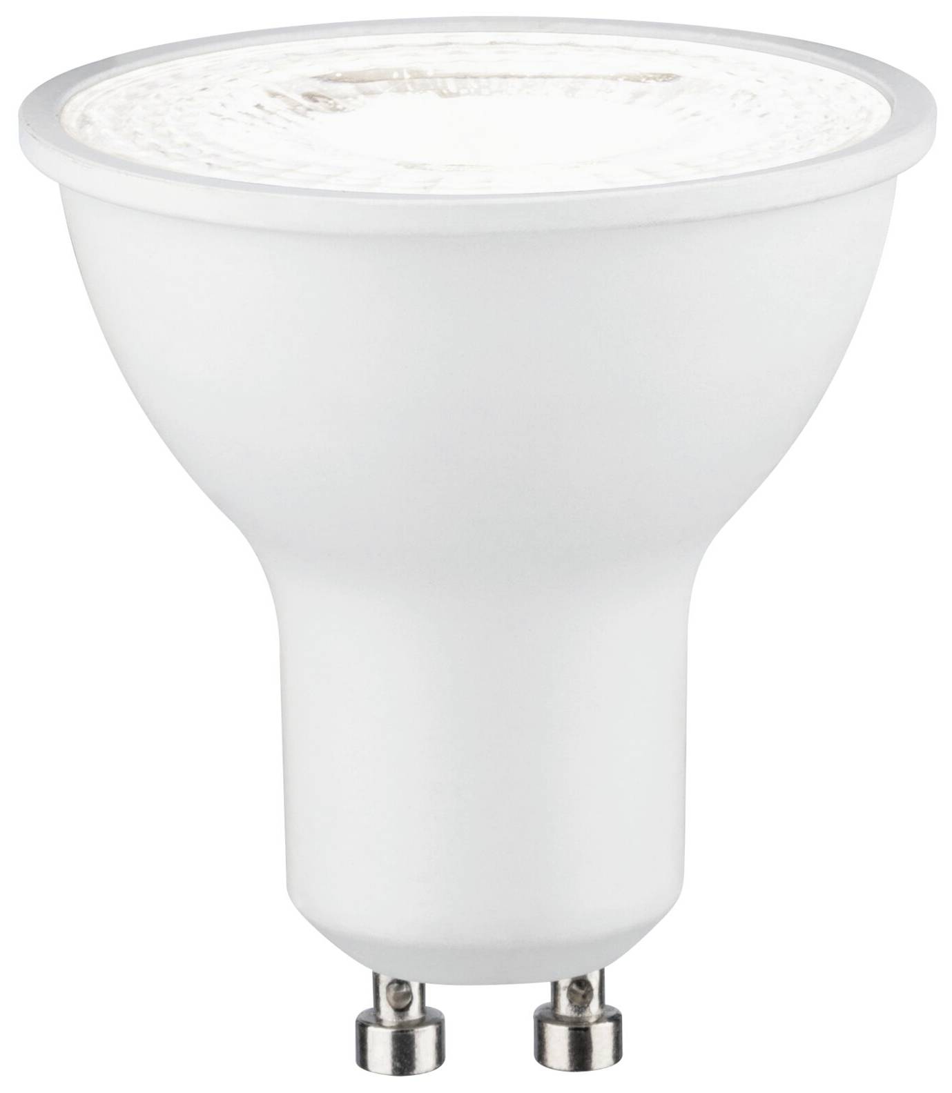 Een witte LED-lamp met GU10-fitting, staand afgebeeld.