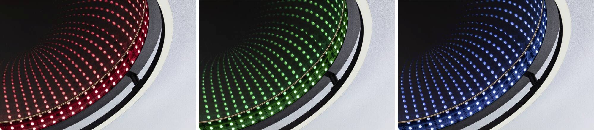 Drie afbeeldingen van een LED-matrix in rood, groen en blauw, die cirkelvormig zijn gerangschikt en een stralend, multidimensionaal effect creëren.