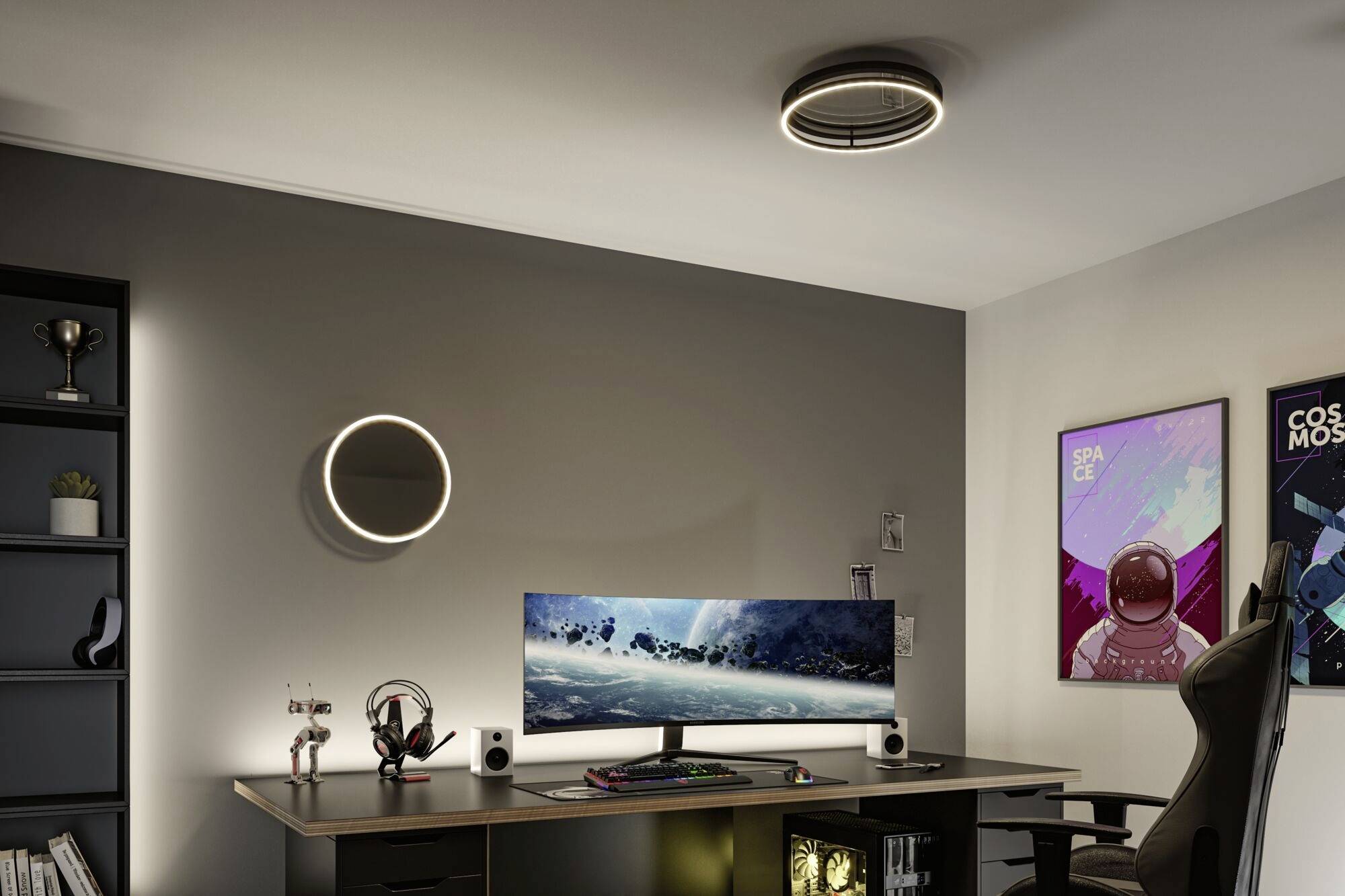 Een moderne gaming-bureau met een gebogen monitor en toetsenbord. Posters hangen aan de muur, en een rek bevat boeken en decoratie.