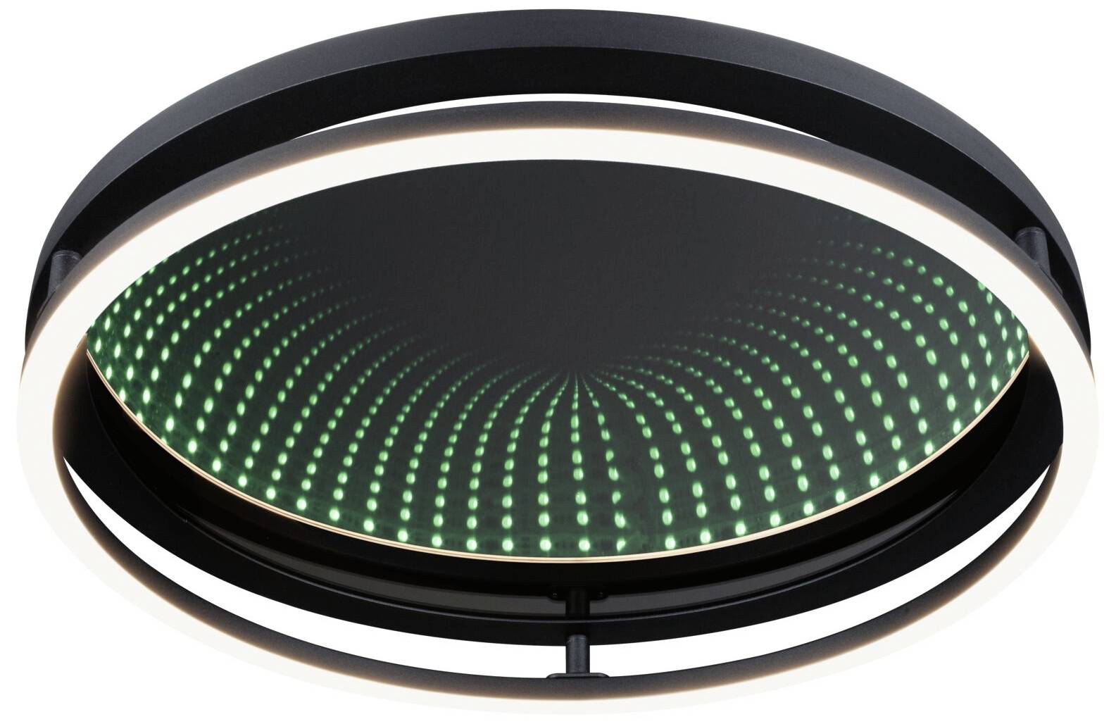 Plafondlamp met rond LED-patroon dat een stralend groen lichteffect creëert. Zwarte behuizing met modern design.