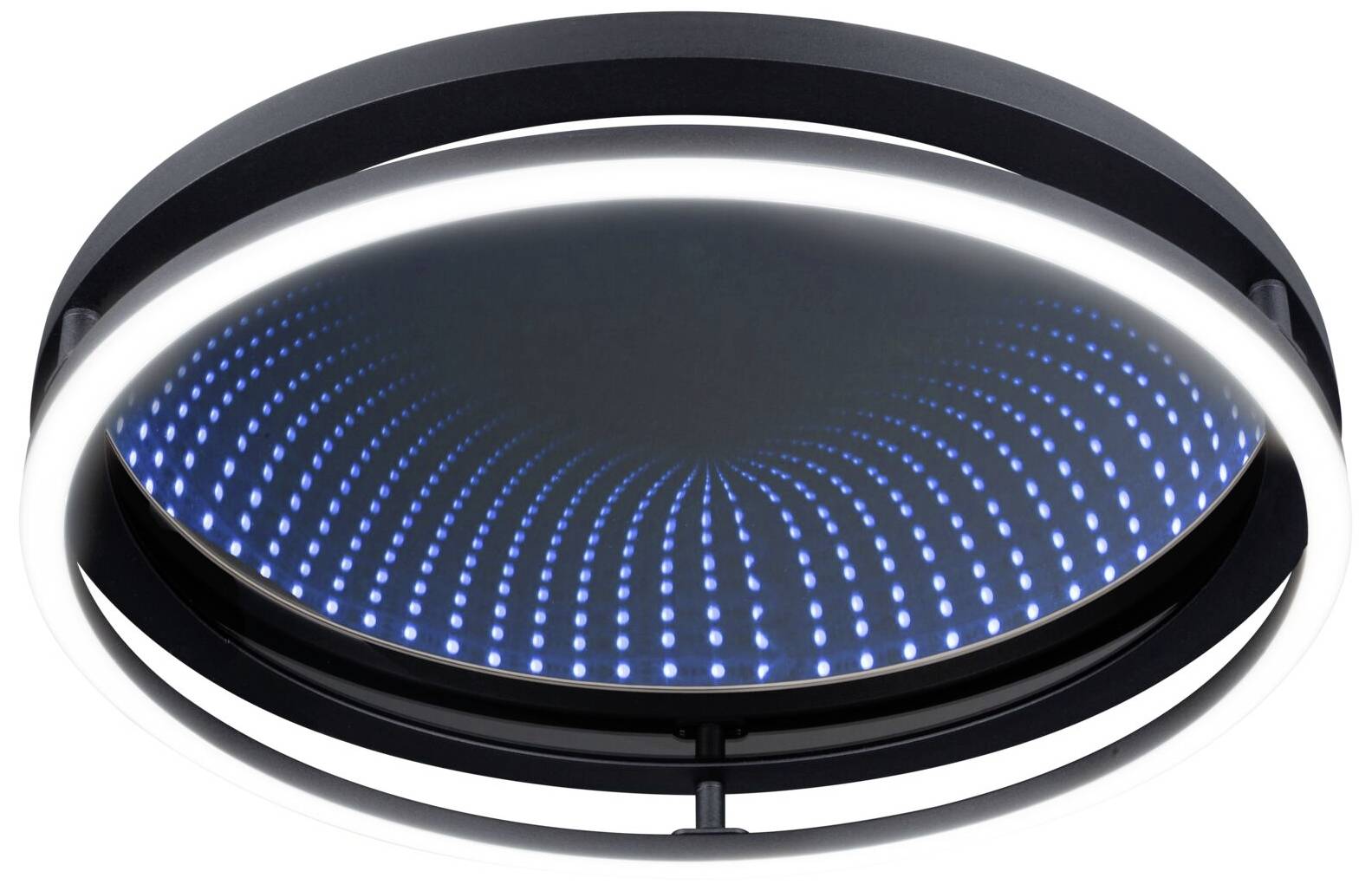 Ronde plafondlamp met witte ring en blauwe LED-puntjes aan de binnenkant, die een modern design uitstralen.