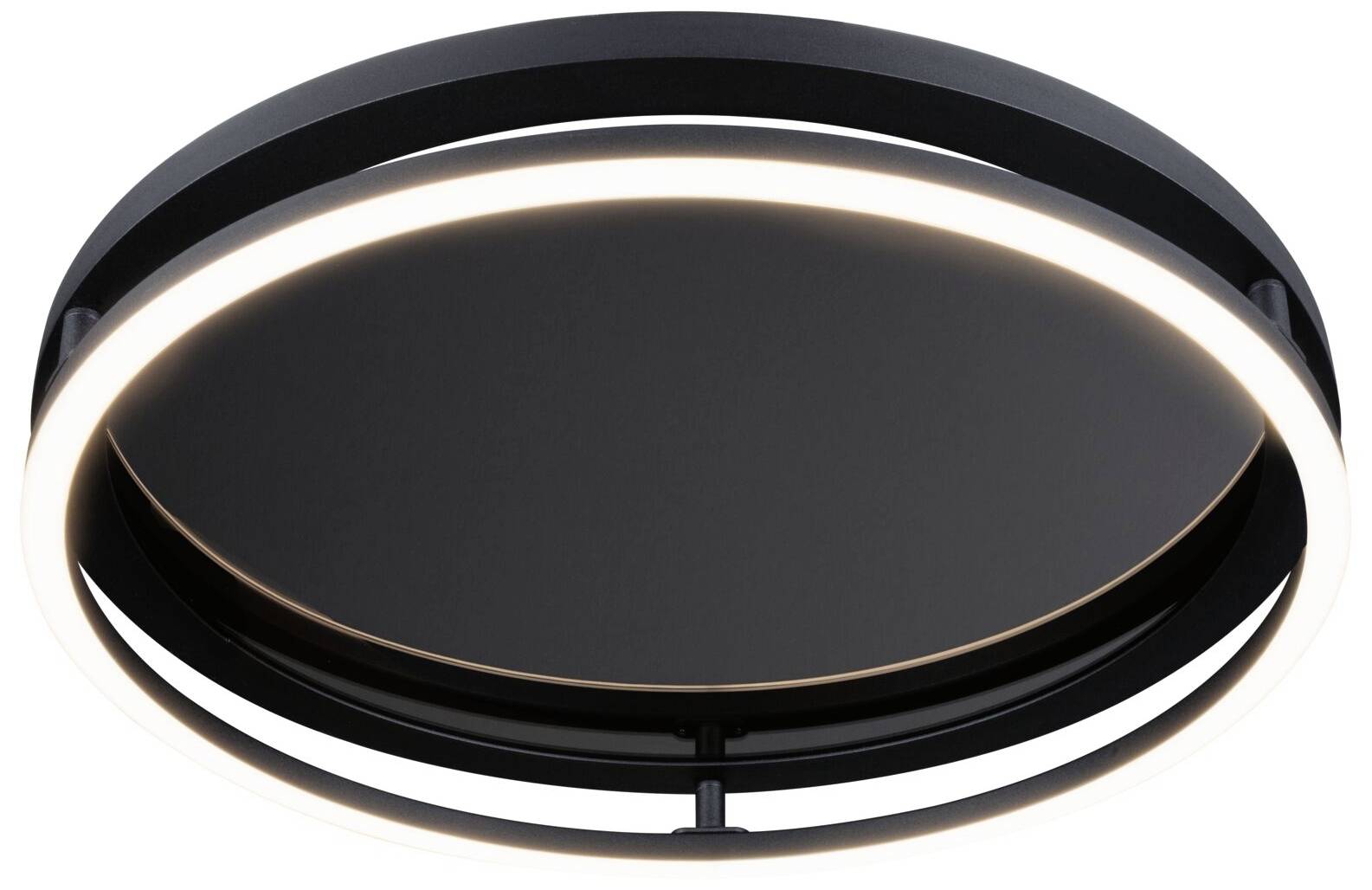 Moderne, ronde plafondlamp in zwart met een circulaire LED-lichtstrip langs de rand, zorgt voor indirecte verlichting.