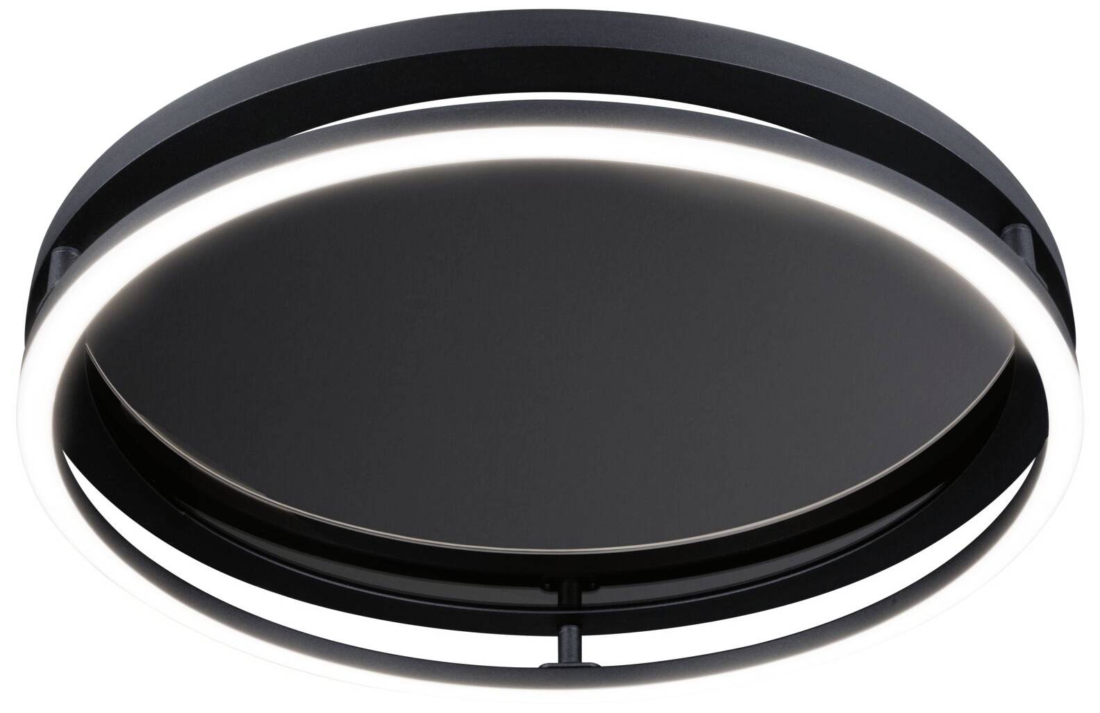 Zwarte, ronde plafondlamp met geïntegreerd LED-licht, modern ontwerp en cirkelvormige lichtring.