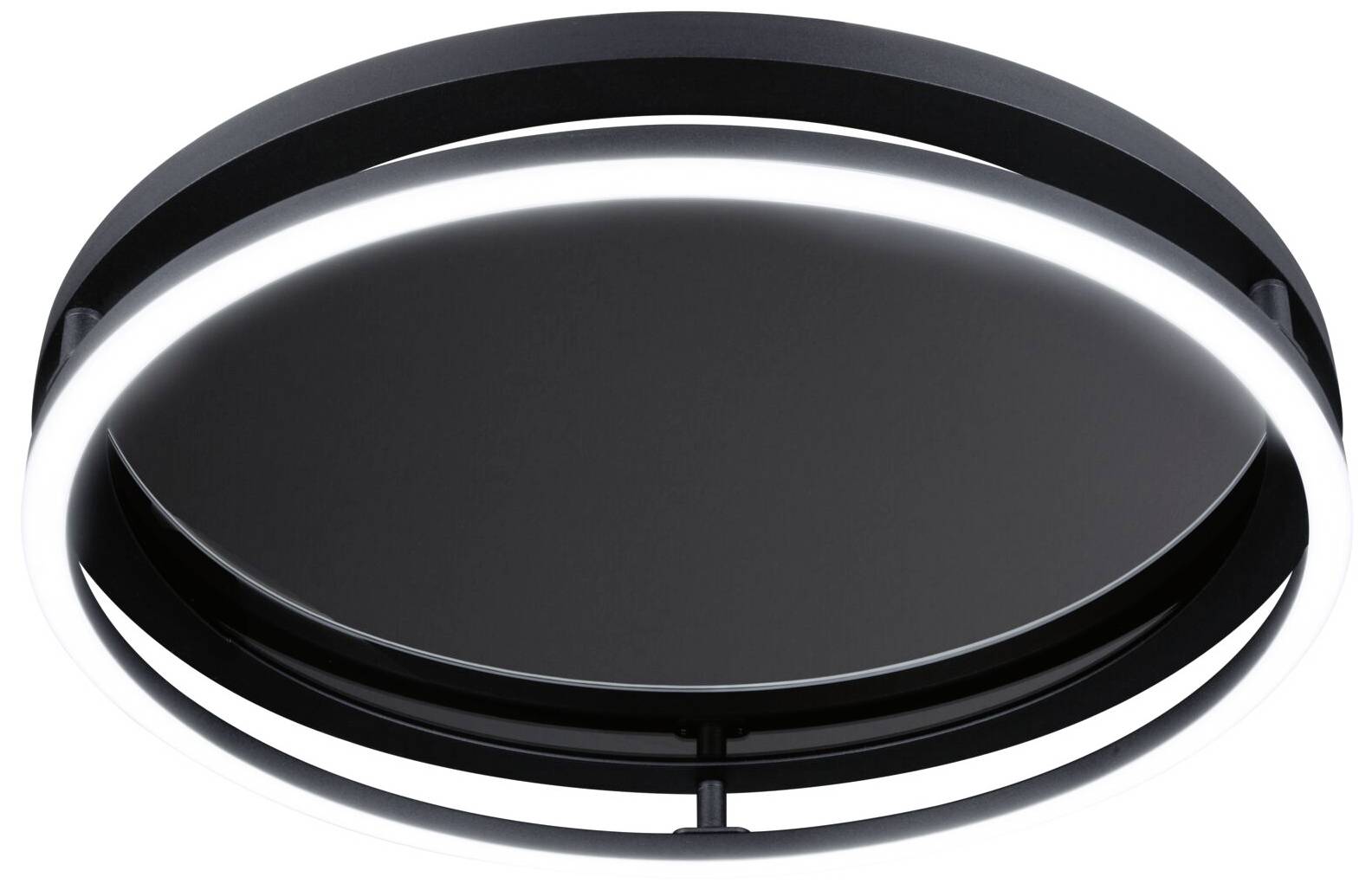 Ronde, moderne plafondlamp met verlichte LED-ring en donker binnengebied, ideaal voor hedendaagse leefruimtes.