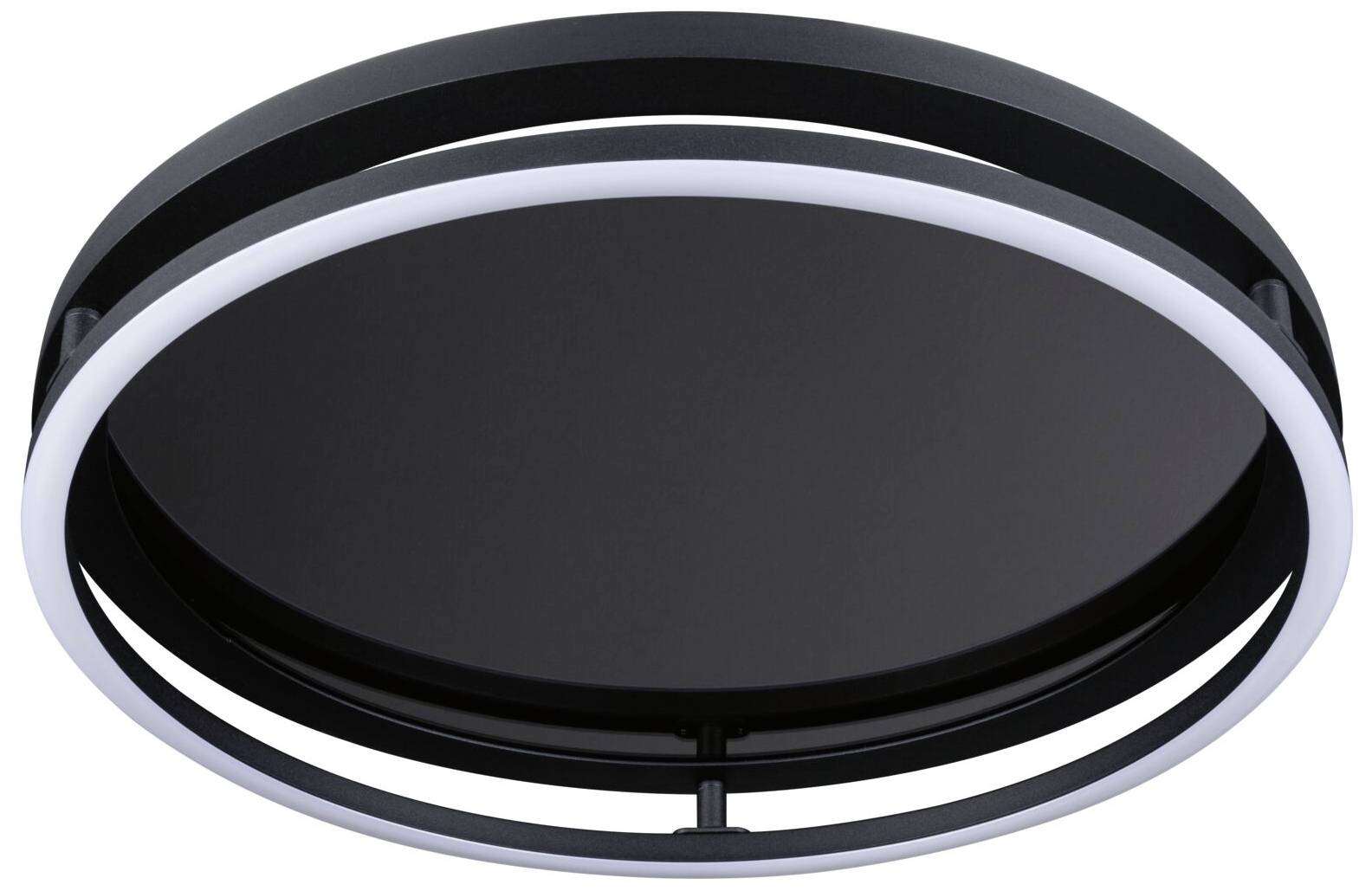 Zwarte, ronde plafondlamp met witte LED-rand. Modern design, geschikt voor ruimteverlichting.
